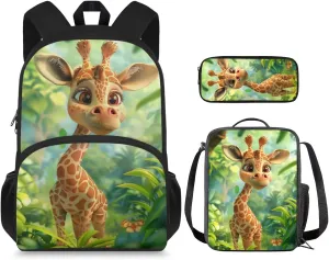 Cute Giraffe Backpack for Girls Boys Backpack with Lunch Box and Large Pencil Pouch 3Pcs Set 15" Sturdy Bookbag with Front Pocket for School Kids Lightweight Kindergarten School Bag