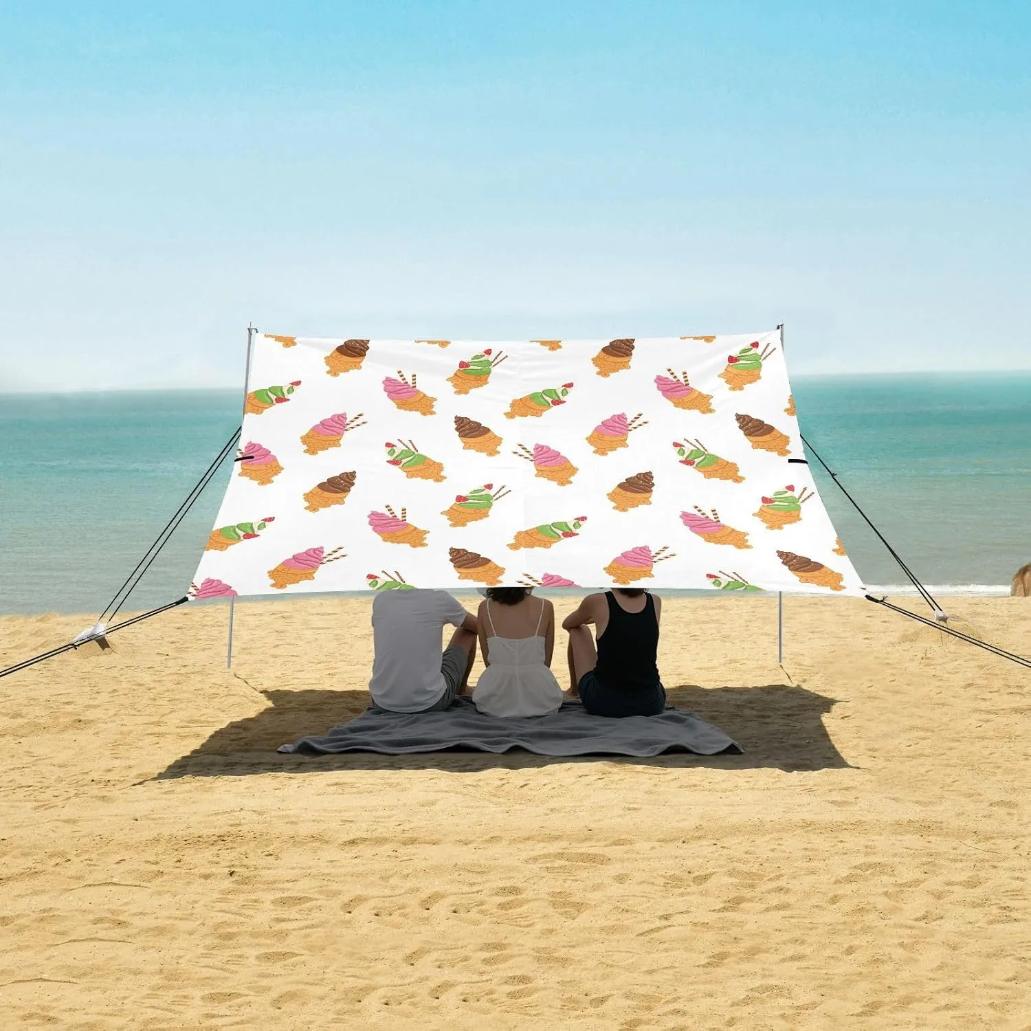Cute Taiyaki Ice Cream Pattern Beach Camping Tent Sun Shelter for Whole Family, Beach Shade Canopy with UPF50  UV Protection,Easy Set Up and Carry,Outdoor Shade for Trips, Fishing, Backyard Fun