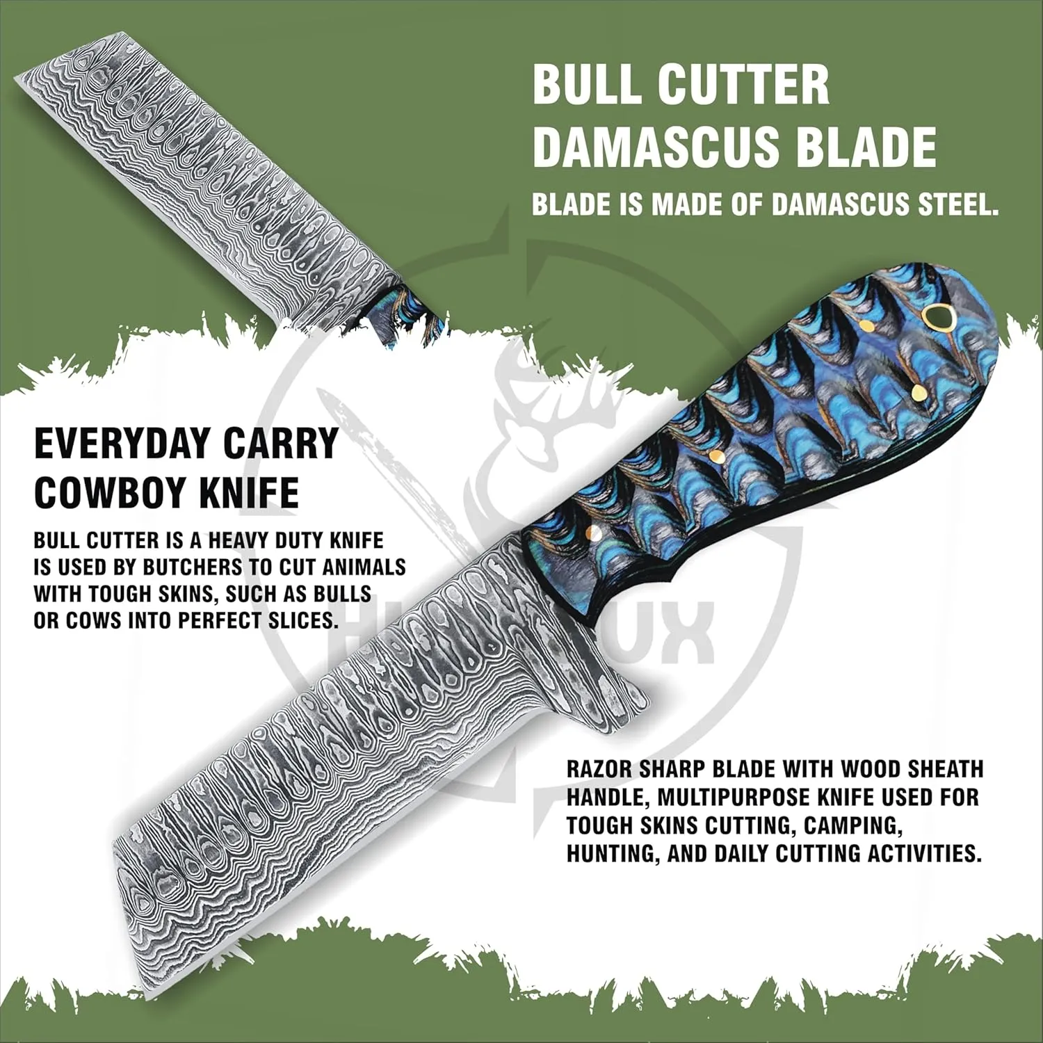 Damascus Steel Knife, 8" Full Tang with Wooden Handle - Bully Cutter & Skinning Knife for Outdoor Use