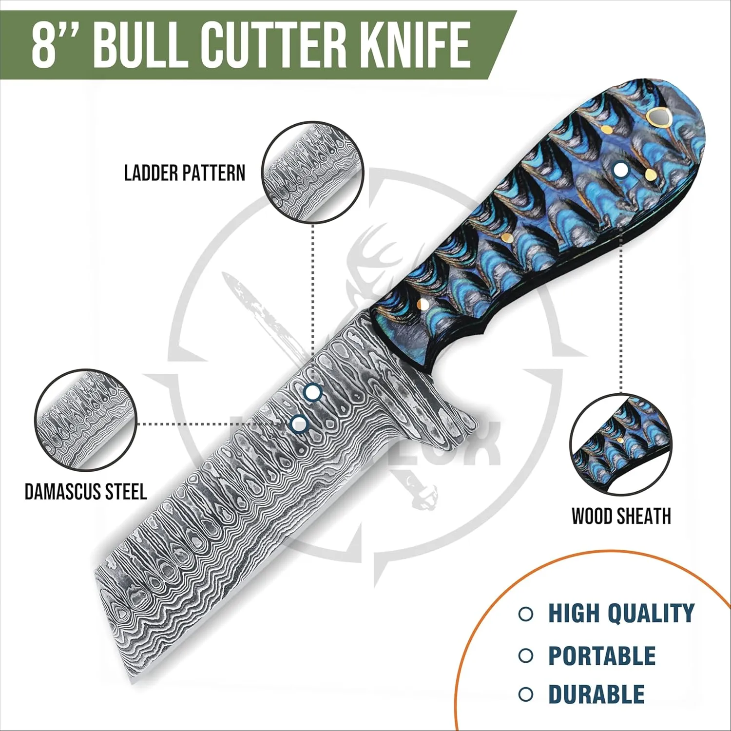 Damascus Steel Knife, 8" Full Tang with Wooden Handle - Bully Cutter & Skinning Knife for Outdoor Use