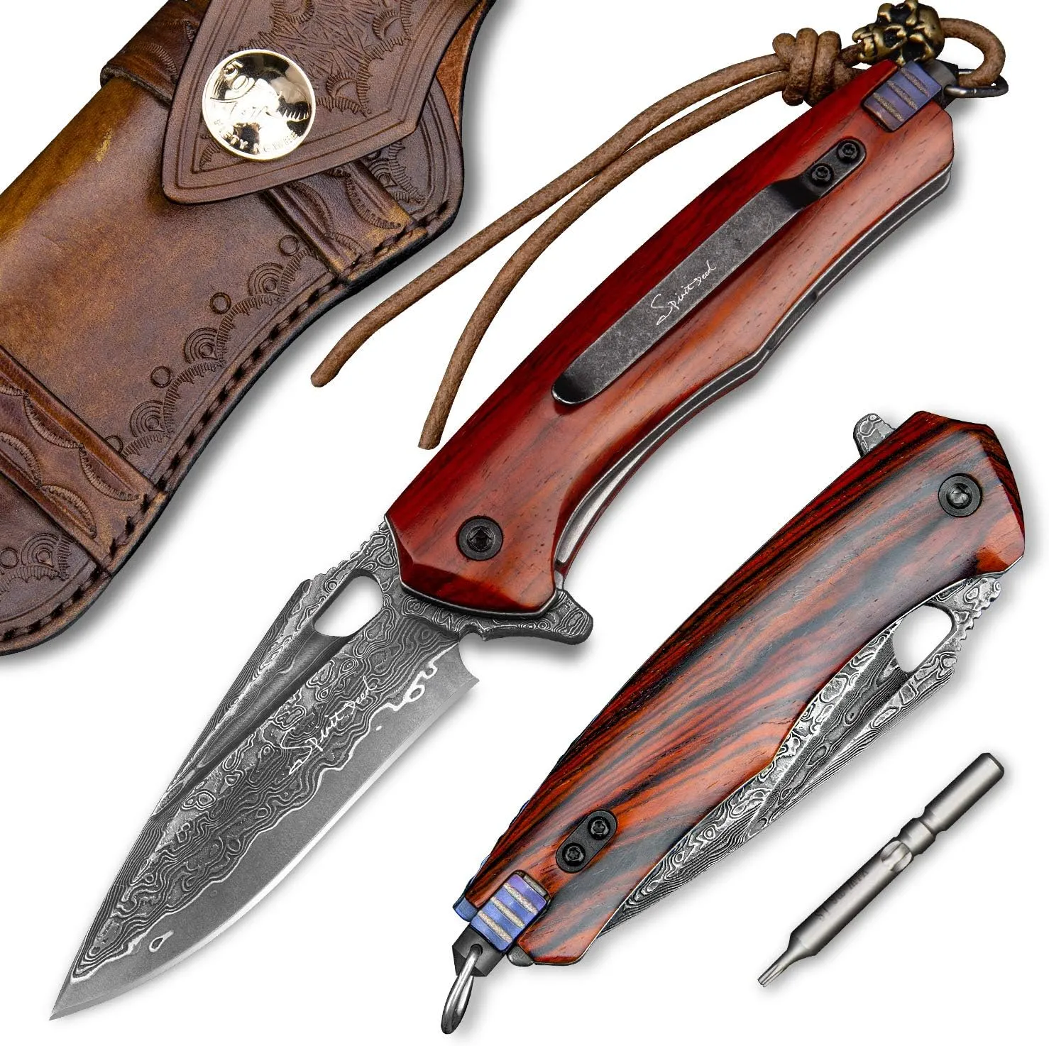 Damascus steel multifunctional EDC folding knife with self assembling pocket clip, lining lock, leather sheath, one piece disassembly pocket knife