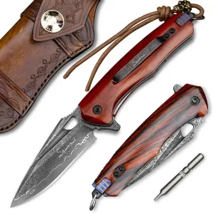 Damascus steel multifunctional EDC folding knife with self assembling pocket clip, lining lock, leather sheath, one piece disassembly pocket knife