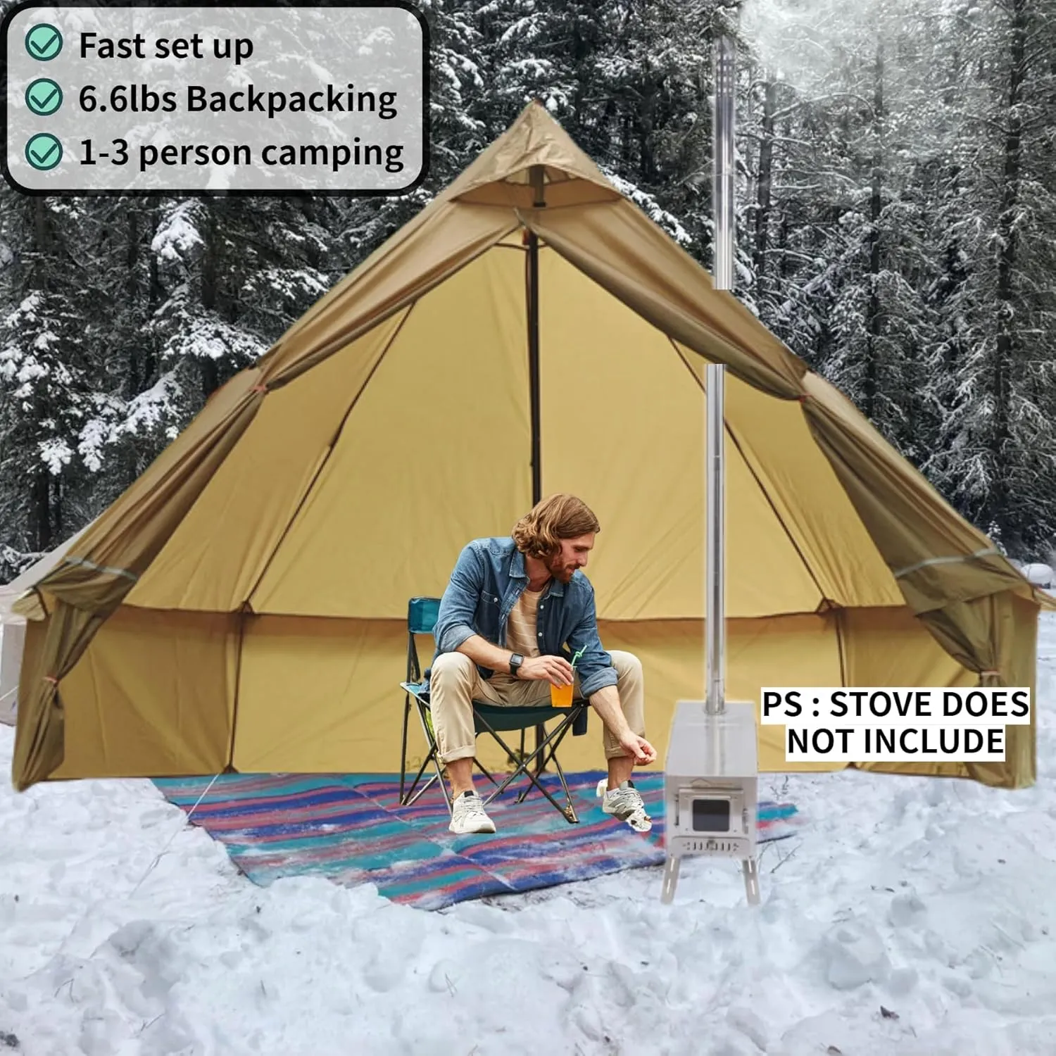 DANCHEL OUTDOOR HT02 4 Season Hot Tent With Stove Jack - Waterproof Yurt for 1-3 Person Backpacking, 6.6lbs, 210T Rip-Stop Polyester, Brown, 10.5ft/3m Diameter