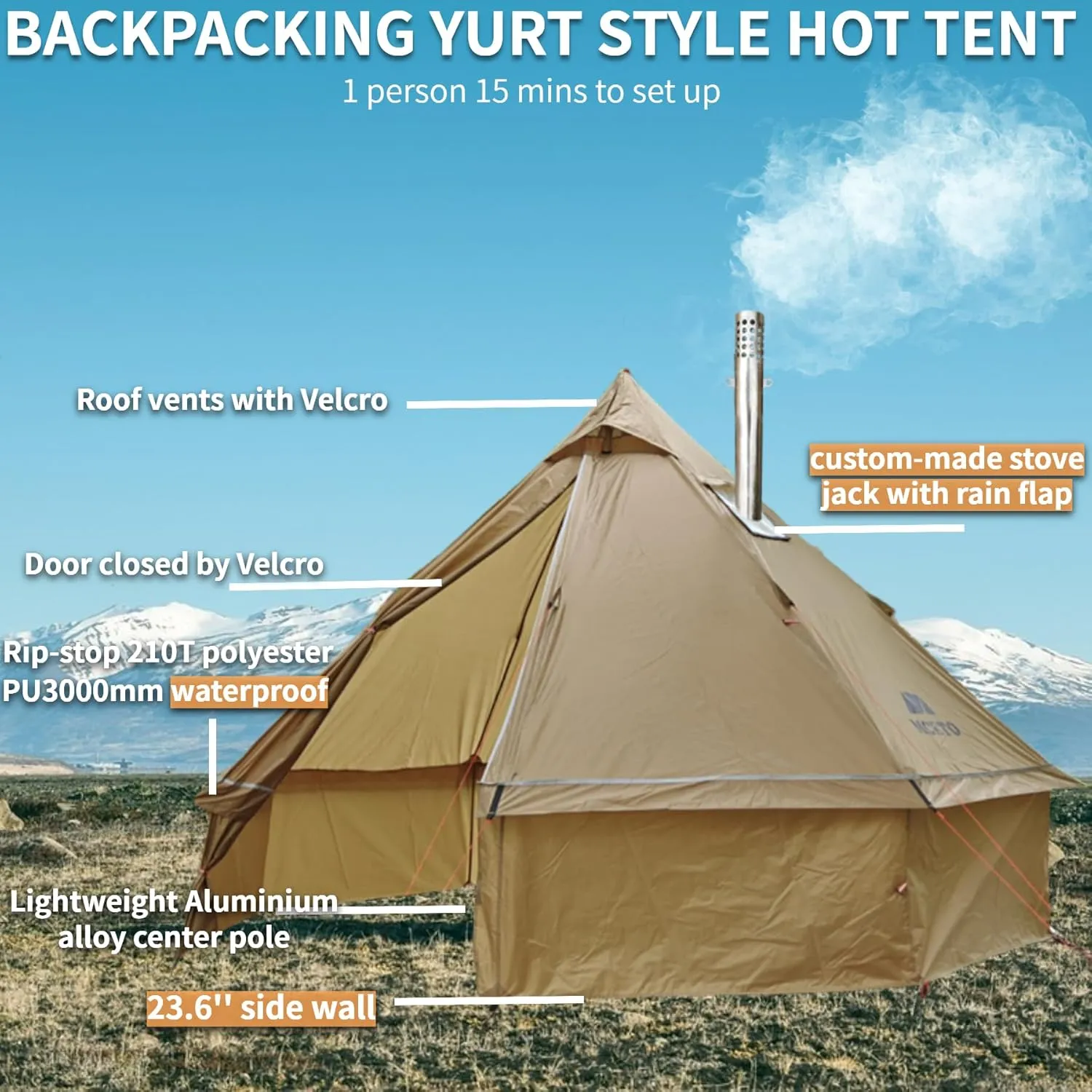 DANCHEL OUTDOOR HT02 4 Season Hot Tent With Stove Jack - Waterproof Yurt for 1-3 Person Backpacking, 6.6lbs, 210T Rip-Stop Polyester, Brown, 10.5ft/3m Diameter