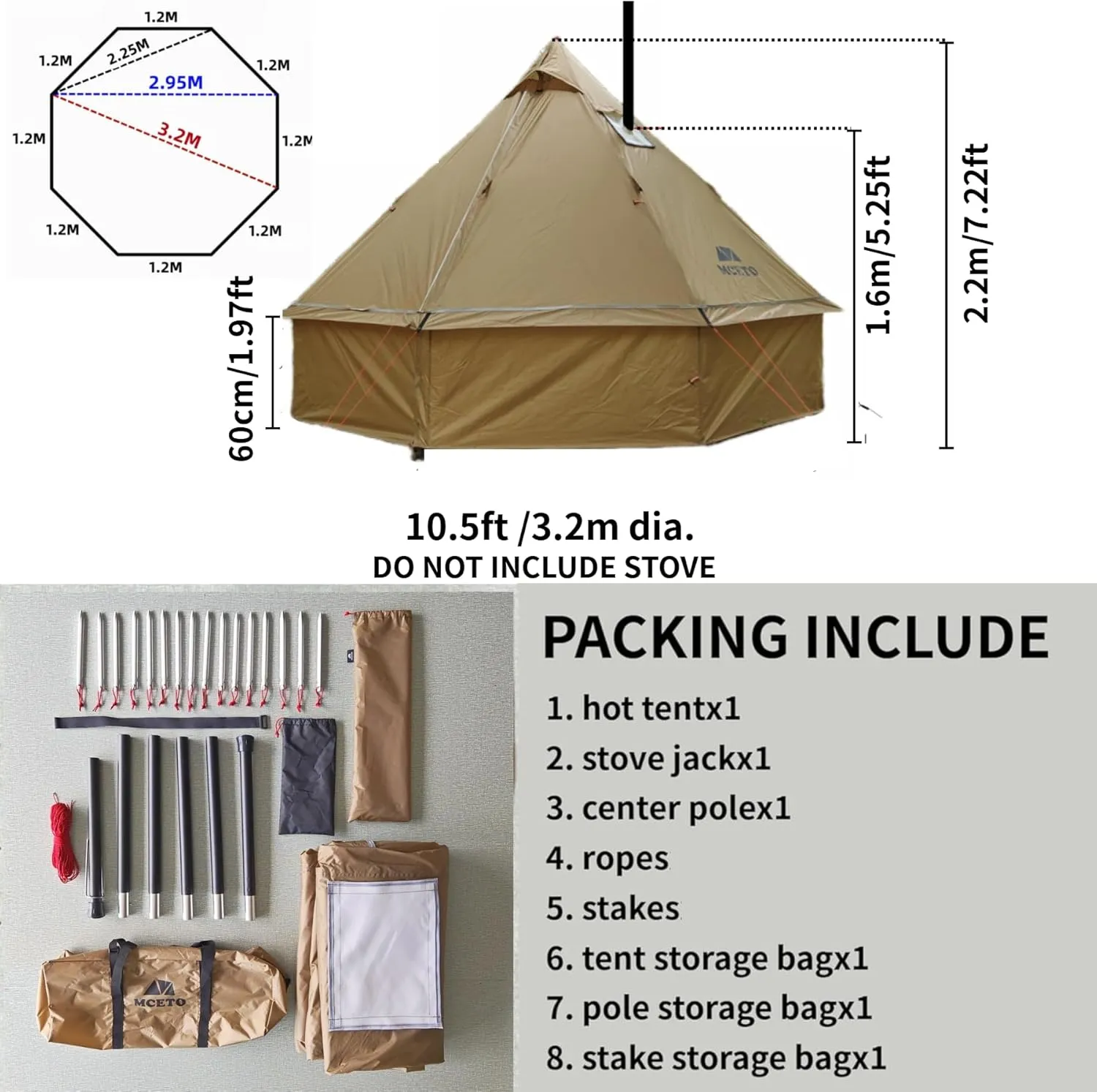 DANCHEL OUTDOOR HT02 4 Season Hot Tent With Stove Jack - Waterproof Yurt for 1-3 Person Backpacking, 6.6lbs, 210T Rip-Stop Polyester, Brown, 10.5ft/3m Diameter