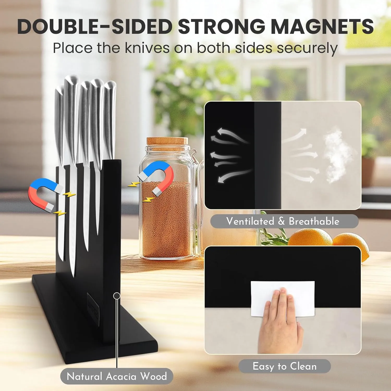 DAWNTREES Large Black Magnetic Knife Holder, 16 Inch XXL Magnetic Knife Block Kitchen Counter Universal Knife Display Rack Multifunctional Storage