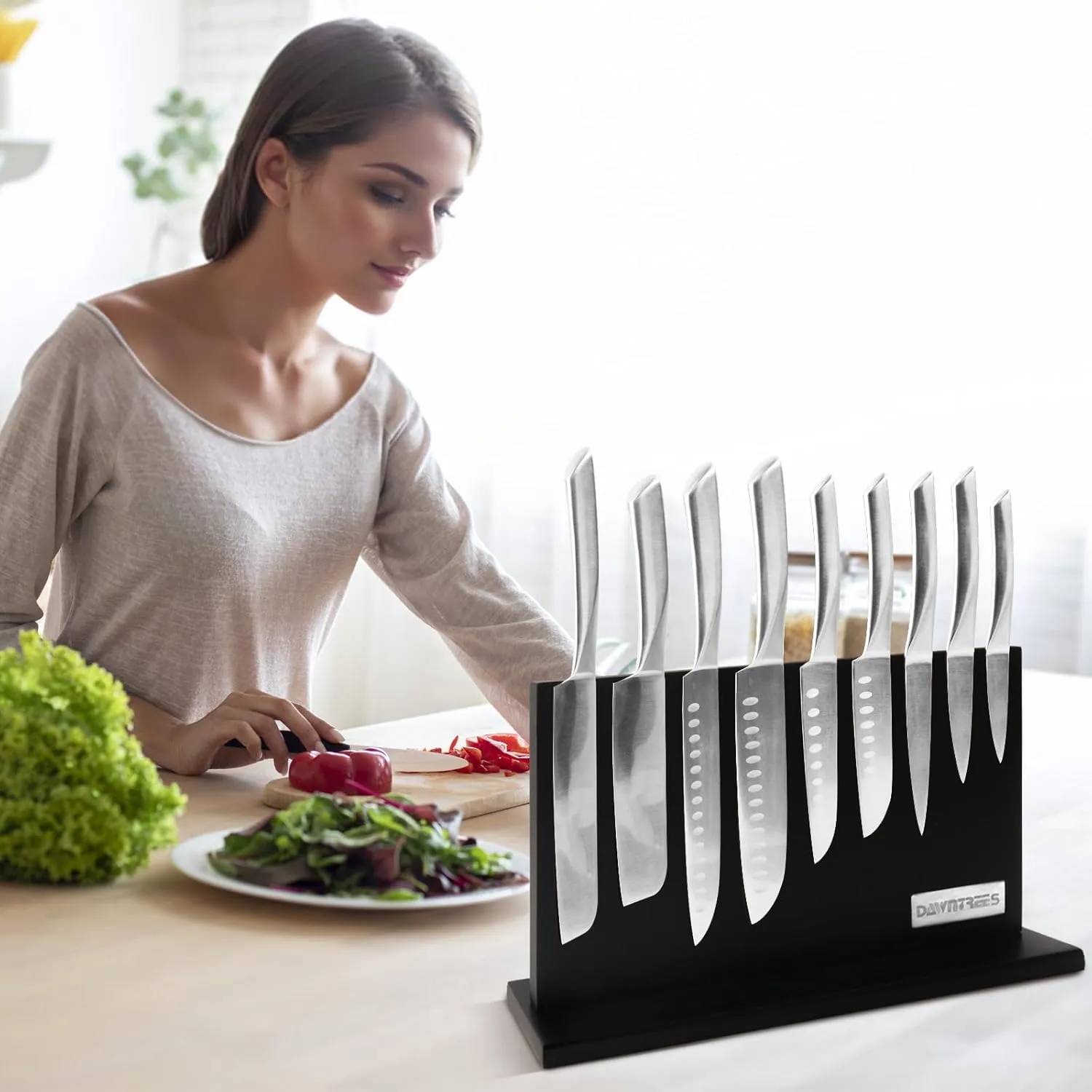DAWNTREES Large Black Magnetic Knife Holder, 16 Inch XXL Magnetic Knife Block Kitchen Counter Universal Knife Display Rack Multifunctional Storage