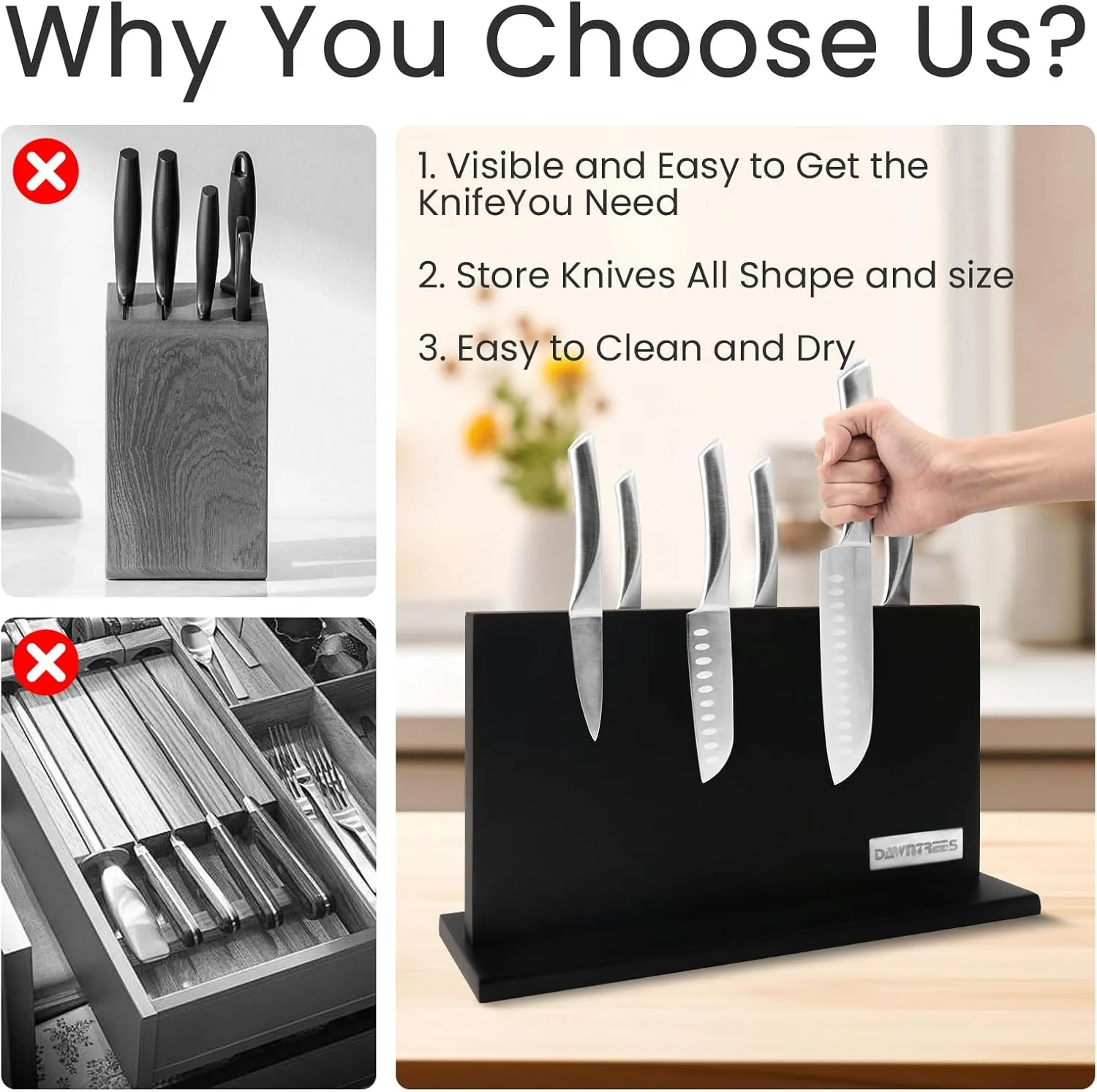 DAWNTREES Large Black Magnetic Knife Holder, 16 Inch XXL Magnetic Knife Block Kitchen Counter Universal Knife Display Rack Multifunctional Storage