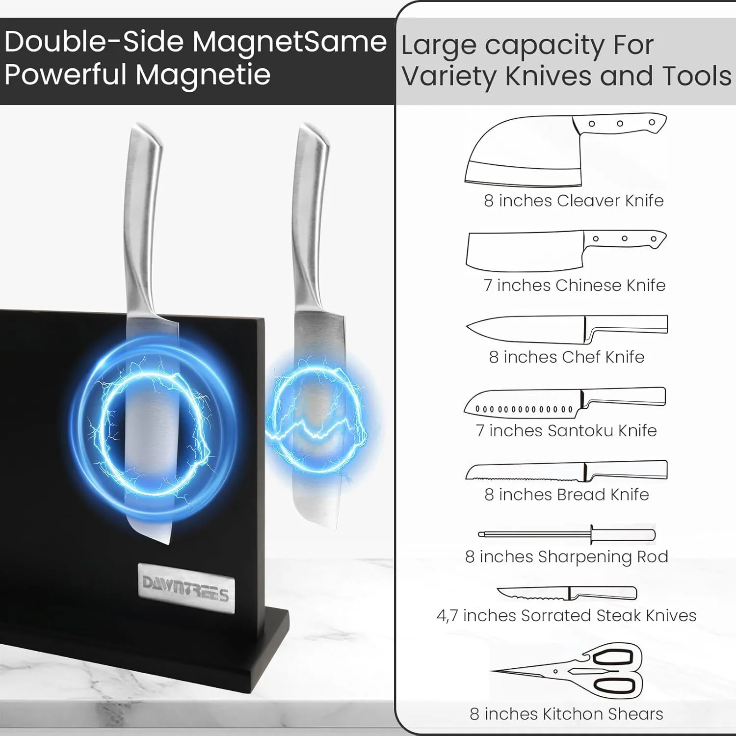 DAWNTREES Large Black Magnetic Knife Holder, 16 Inch XXL Magnetic Knife Block Kitchen Counter Universal Knife Display Rack Multifunctional Storage