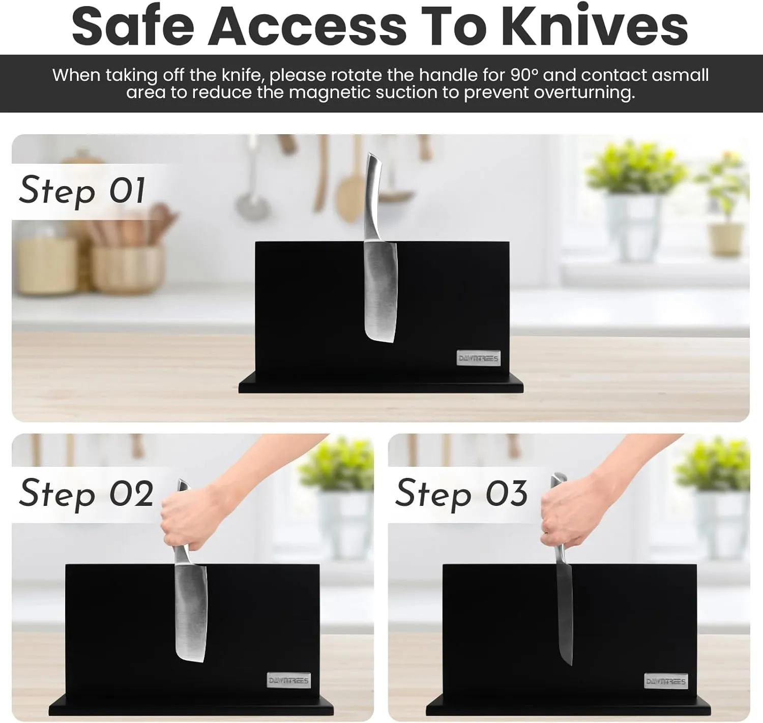 DAWNTREES Large Black Magnetic Knife Holder, 16 Inch XXL Magnetic Knife Block Kitchen Counter Universal Knife Display Rack Multifunctional Storage