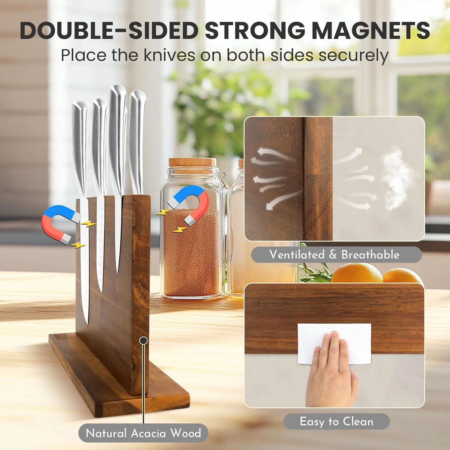 DAWNTREES Large Magnetic Knife Holder, Wooden 16 Inch Double-sided Magnetic Knife Block Kitchen Counter Universal Knife Display Rack Multifunctional Storage