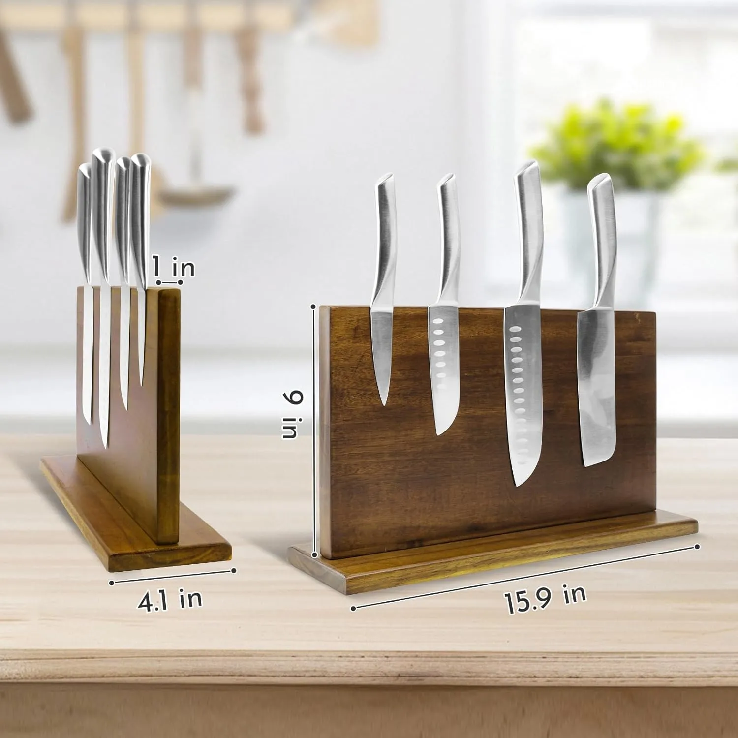 DAWNTREES Large Magnetic Knife Holder, Wooden 16 Inch Double-sided Magnetic Knife Block Kitchen Counter Universal Knife Display Rack Multifunctional Storage
