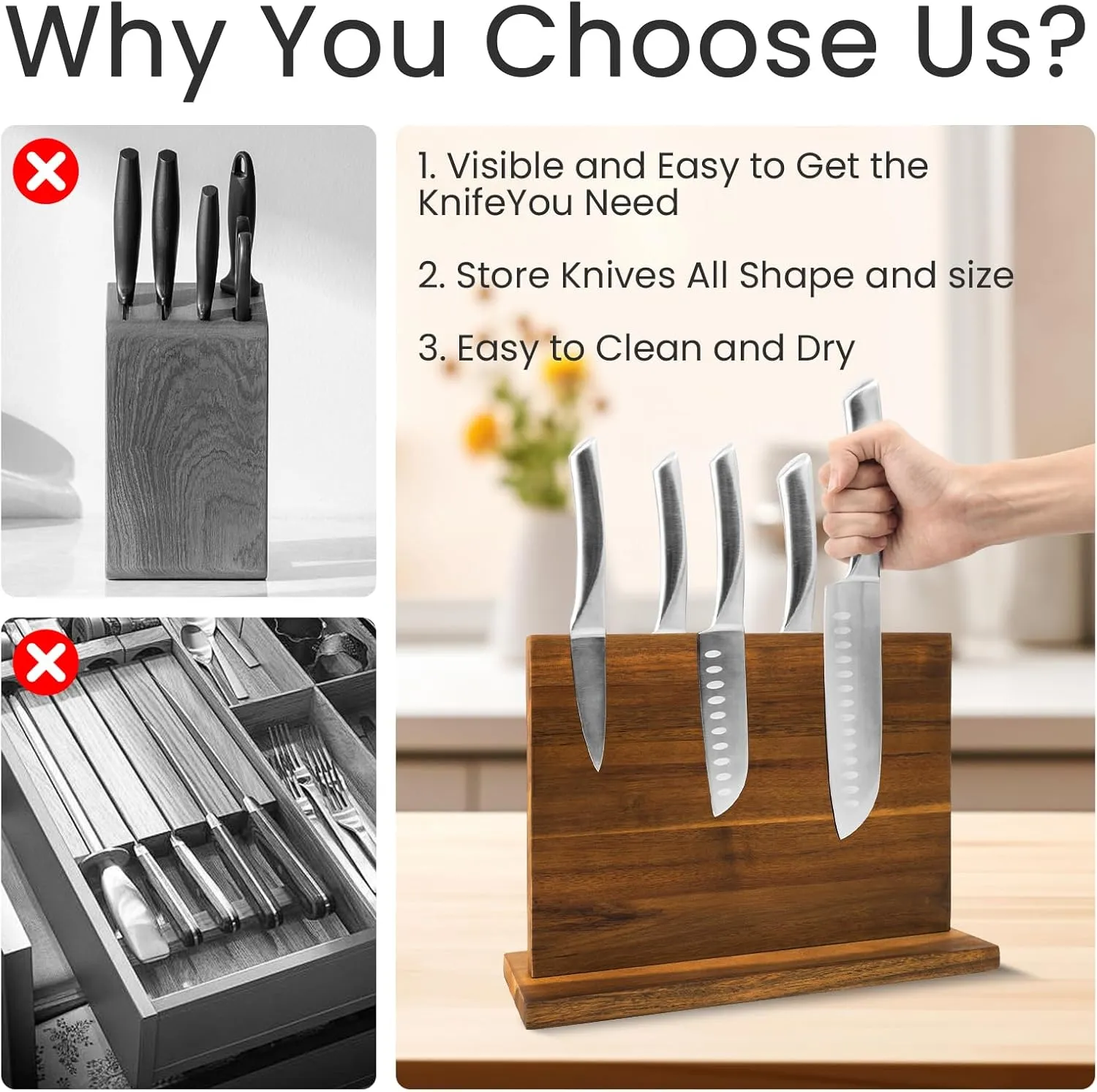 DAWNTREES Large Magnetic Knife Holder, Wooden 16 Inch Double-sided Magnetic Knife Block Kitchen Counter Universal Knife Display Rack Multifunctional Storage