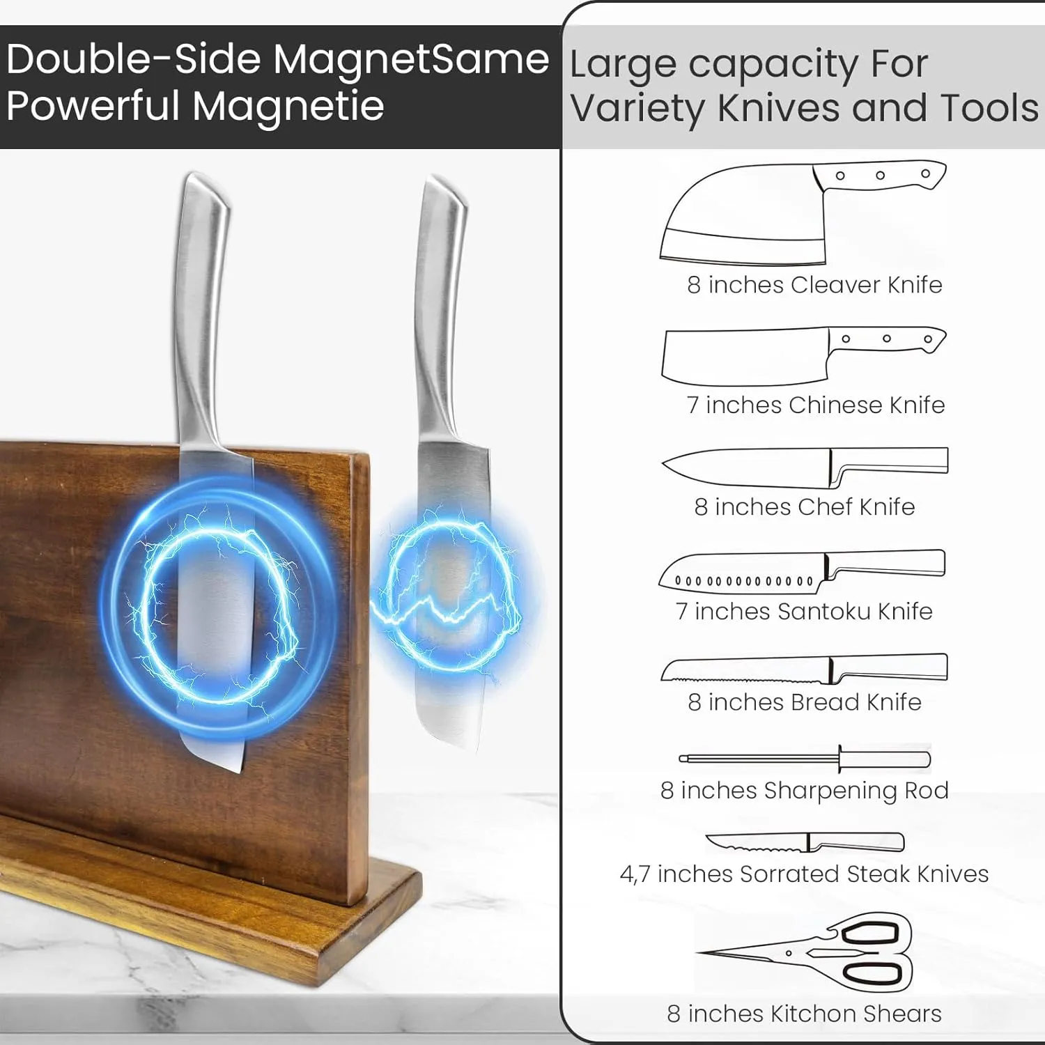 DAWNTREES Large Magnetic Knife Holder, Wooden 16 Inch Double-sided Magnetic Knife Block Kitchen Counter Universal Knife Display Rack Multifunctional Storage
