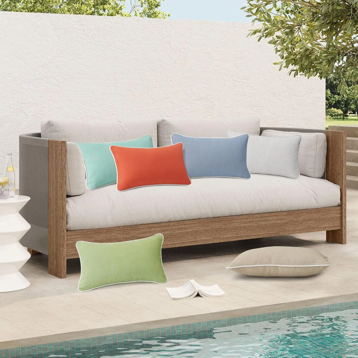 Decorative Outdoor Waterproof Throw Pillows with Inserts, Set of 4, 20" x12" Pillows for Patio, Backyard, Bed, Couch, and Patio Furniture, Aqua Green