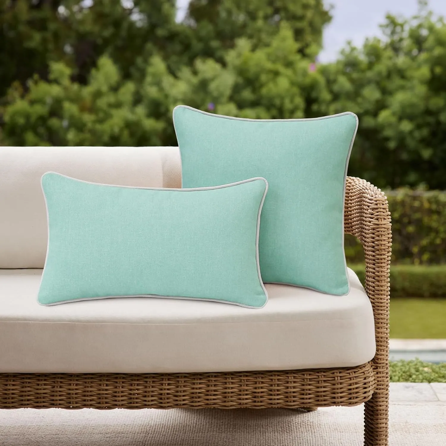 Decorative Outdoor Waterproof Throw Pillows with Inserts, Set of 4, 20" x12" Pillows for Patio, Backyard, Bed, Couch, and Patio Furniture, Aqua Green