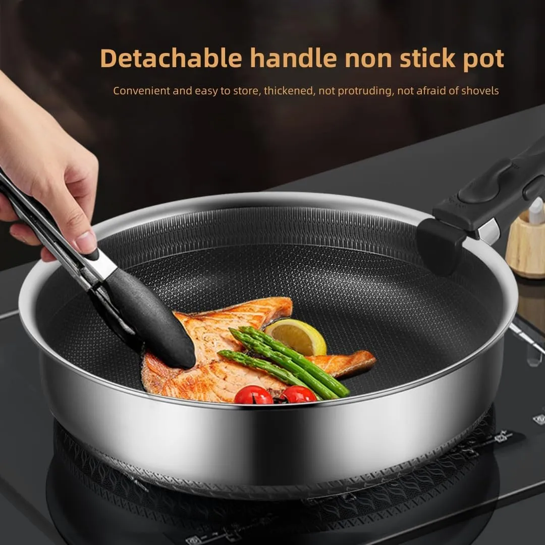 Detachable Handle Pot, 316 Stainless Steel Flat Bottom Pot, Outdoor Portable Folding Pot, Non Stick Frying Pan, Outdoor Cooking Utensils (24cm)