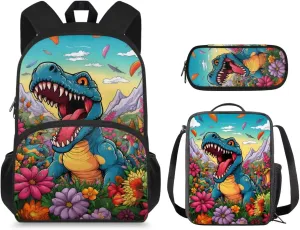 Dinosaur Backpack for Boys Kids Backpack with Lunch Box and Soft Pencil Pouch 3 Pcs Set 15" Large Capacity Bookbag with Front Pocket for School Lightweight School Bag for Kindergarten Boy