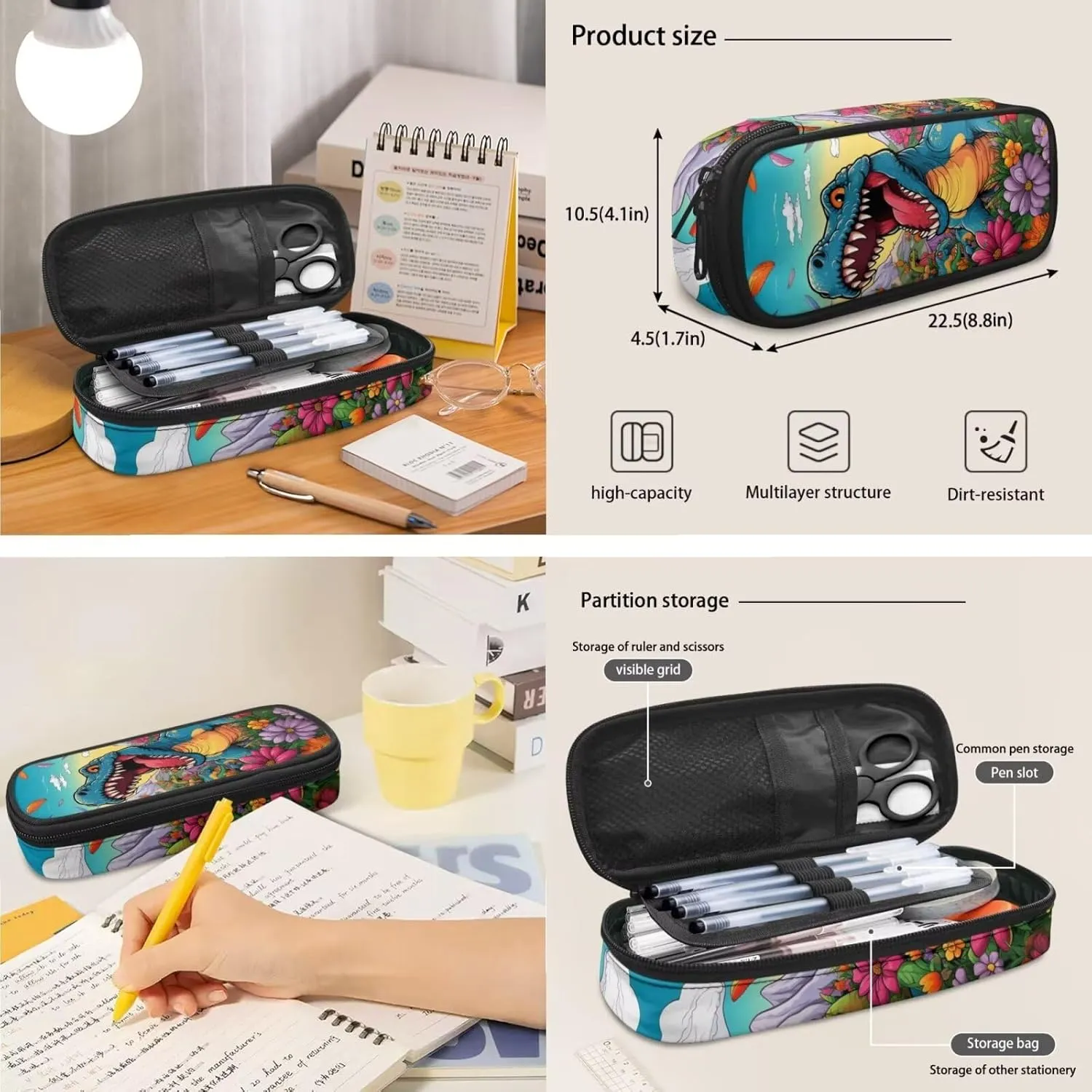 Dinosaur Backpack for Boys Kids Backpack with Lunch Box and Soft Pencil Pouch 3 Pcs Set 15" Large Capacity Bookbag with Front Pocket for School Lightweight School Bag for Kindergarten Boy