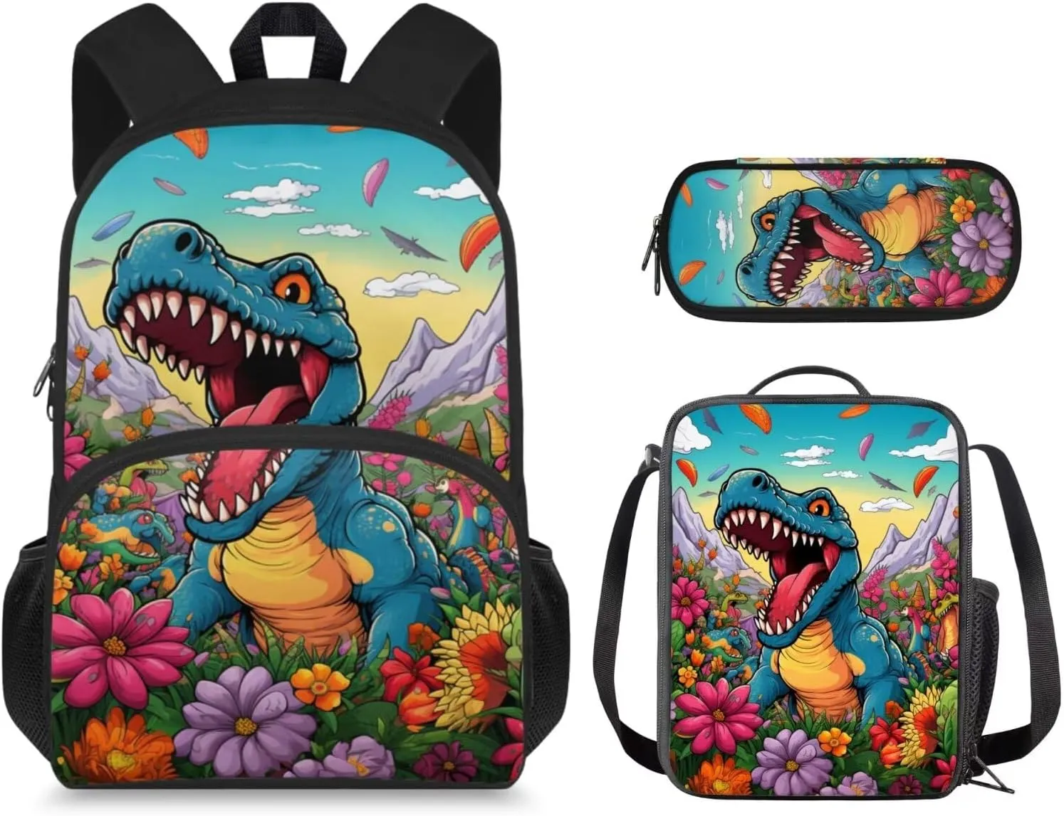 Dinosaur Backpack for Boys Kids Backpack with Lunch Box and Soft Pencil Pouch 3 Pcs Set 15" Large Capacity Bookbag with Front Pocket for School Lightweight School Bag for Kindergarten Boy