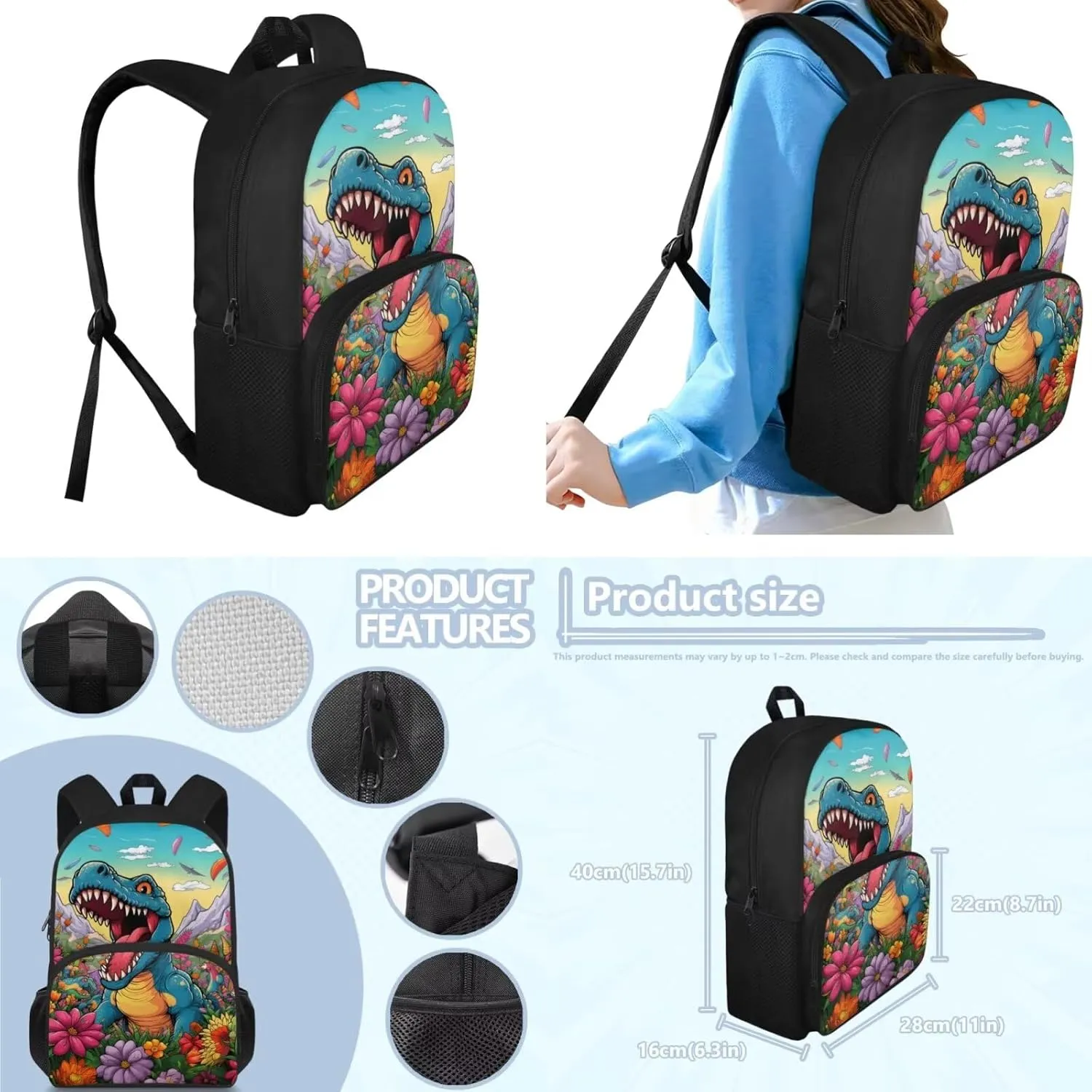 Dinosaur Backpack for Boys Kids Backpack with Lunch Box and Soft Pencil Pouch 3 Pcs Set 15" Large Capacity Bookbag with Front Pocket for School Lightweight School Bag for Kindergarten Boy