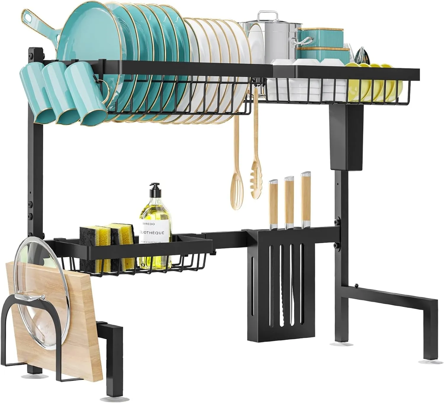 Dish Drying Rack Over The Sink - Large Capacity Stainless Steel Dish Drainer, Multifunctional Kitchen Organizer, Black, 11" D x 30"~33.9''W x 21.5" H