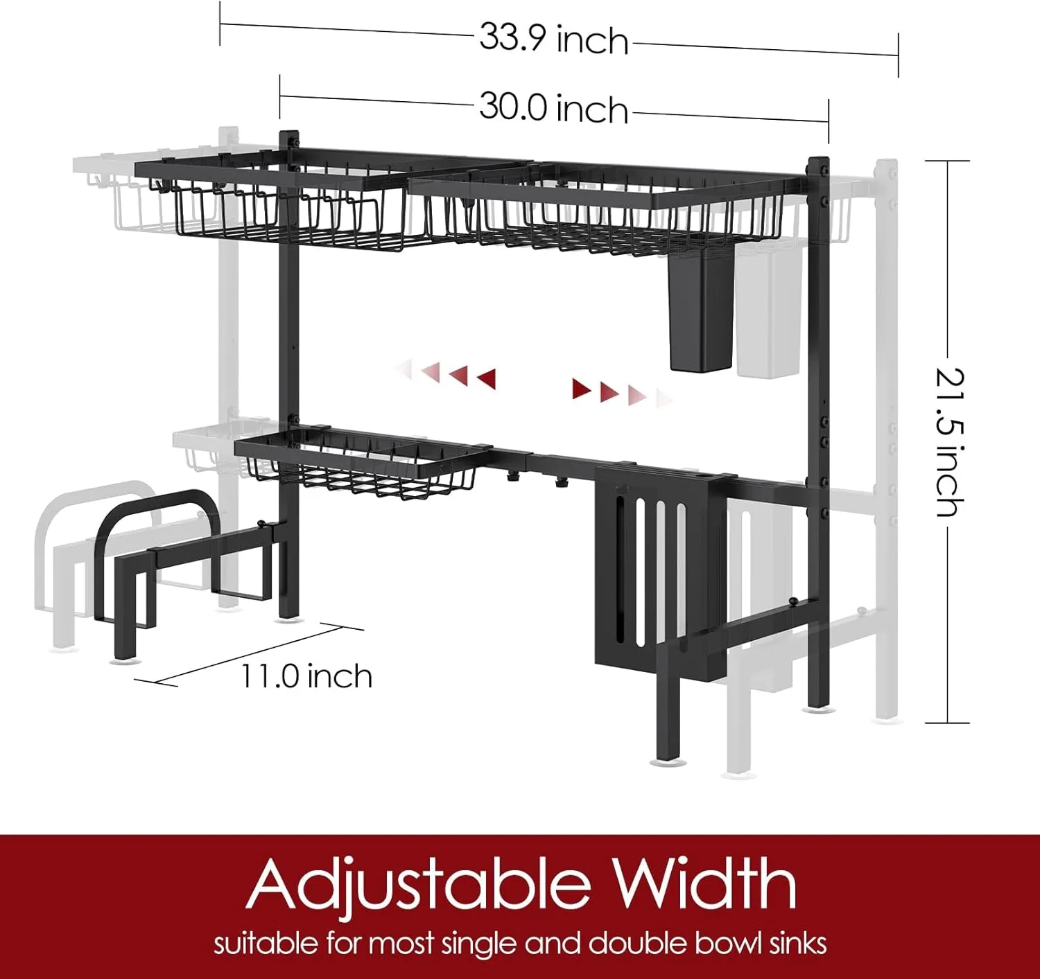 Dish Drying Rack Over The Sink - Large Capacity Stainless Steel Dish Drainer, Multifunctional Kitchen Organizer, Black, 11" D x 30"~33.9''W x 21.5" H