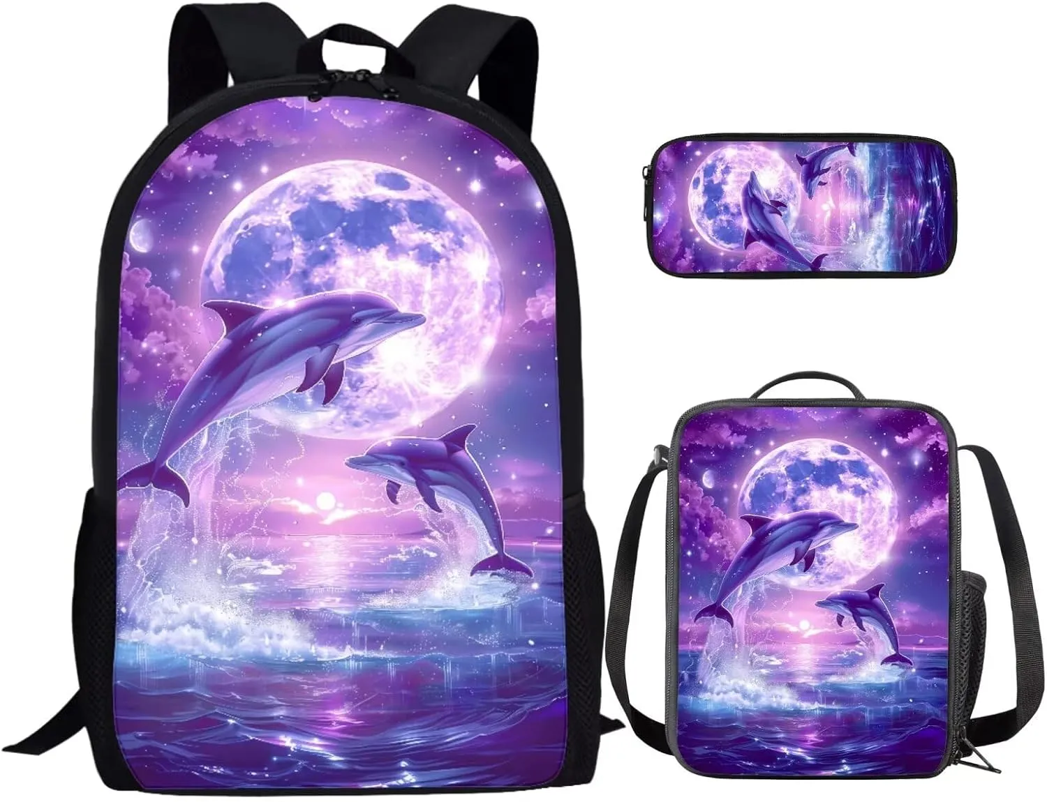 Dolphin Backpack for Girls Kids Backpack with Lunch Box and Aesthetic Pencil Case 3PCS Bookbag Set for School Teens 17 inch Large Capacity School Bag with Side Pocket Casual Daypack Backpacks