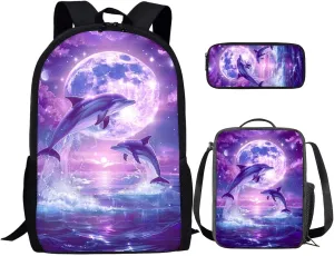 Dolphin Backpack for Girls Kids Backpack with Lunch Box and Aesthetic Pencil Case 3PCS Bookbag Set for School Teens 17 inch Large Capacity School Bag with Side Pocket Casual Daypack Backpacks