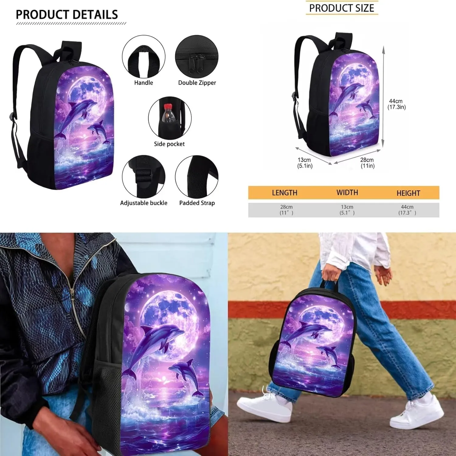 Dolphin Backpack for Girls Kids Backpack with Lunch Box and Aesthetic Pencil Case 3PCS Bookbag Set for School Teens 17 inch Large Capacity School Bag with Side Pocket Casual Daypack Backpacks