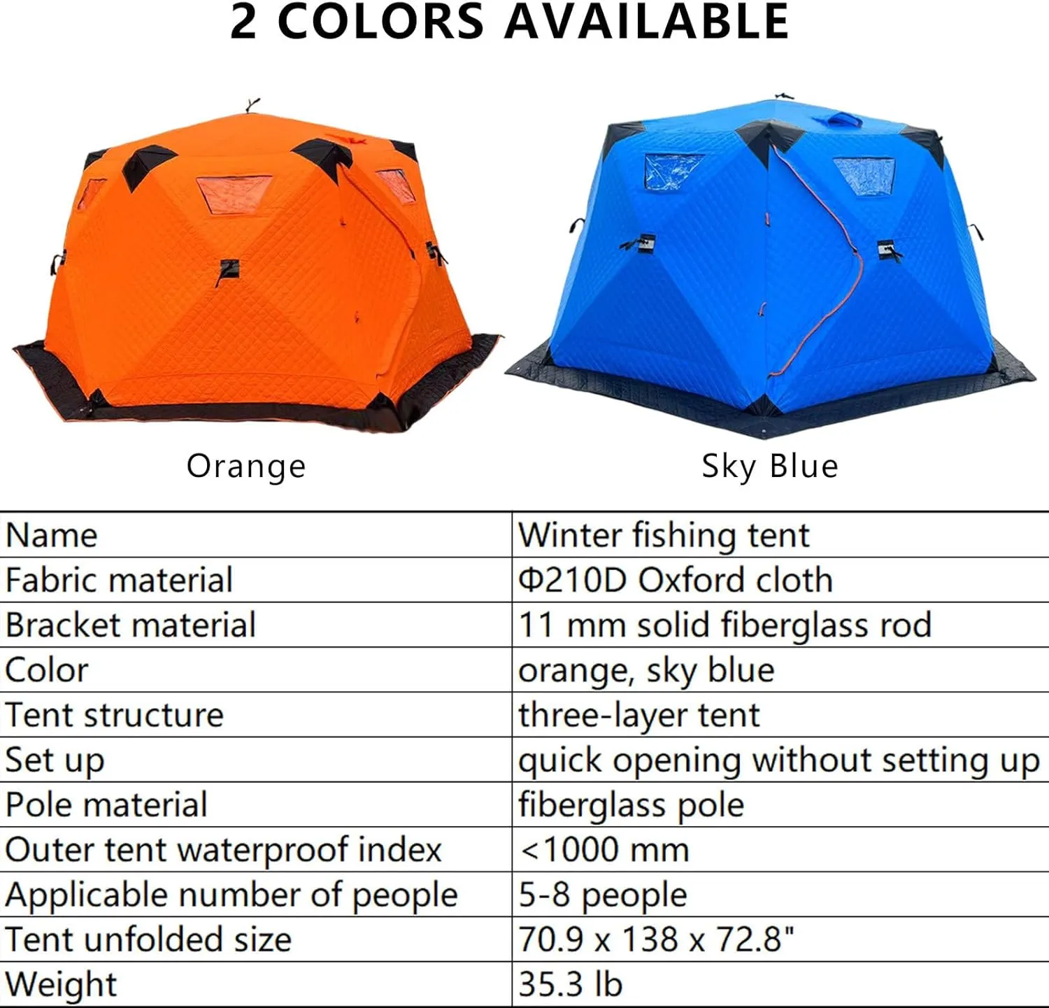 Double Door Ice Fishing Shelter 5-8 People,Quick to Build Winter Outdoor Cold Protection Tent Breathable,with Φ11 Mm Solid Fiberglass Rod,Orange