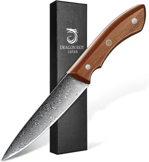 DRAGON RIOT Damascus Paring Knife 5 inch, VG-10 Damascus Steel Fruit Knife, Japanese Peeling Knife with Ergonomic Wood Handle, Multipurpose Kitchen Knife for Cutting Fruit Vegetables