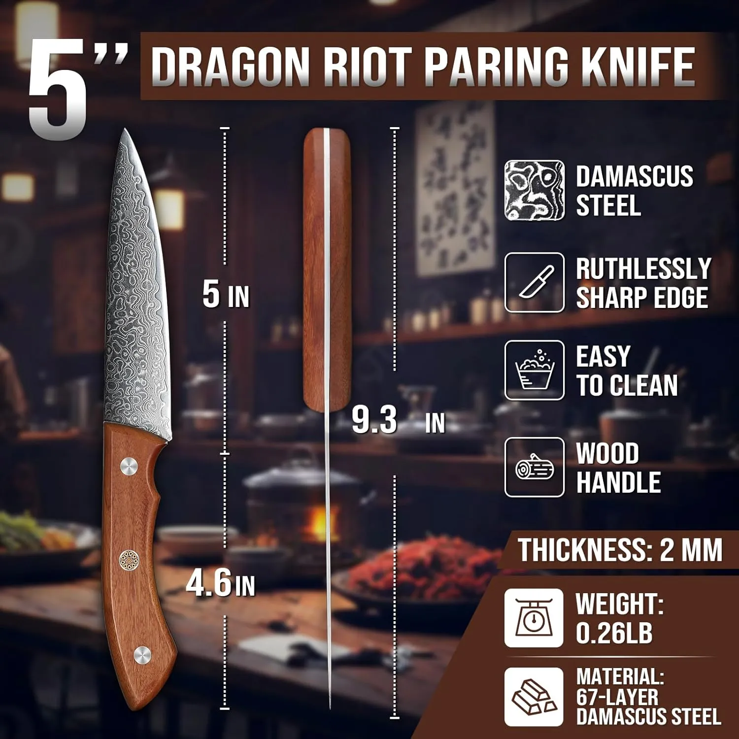 DRAGON RIOT Damascus Paring Knife 5 inch, VG-10 Damascus Steel Fruit Knife, Japanese Peeling Knife with Ergonomic Wood Handle, Multipurpose Kitchen Knife for Cutting Fruit Vegetables