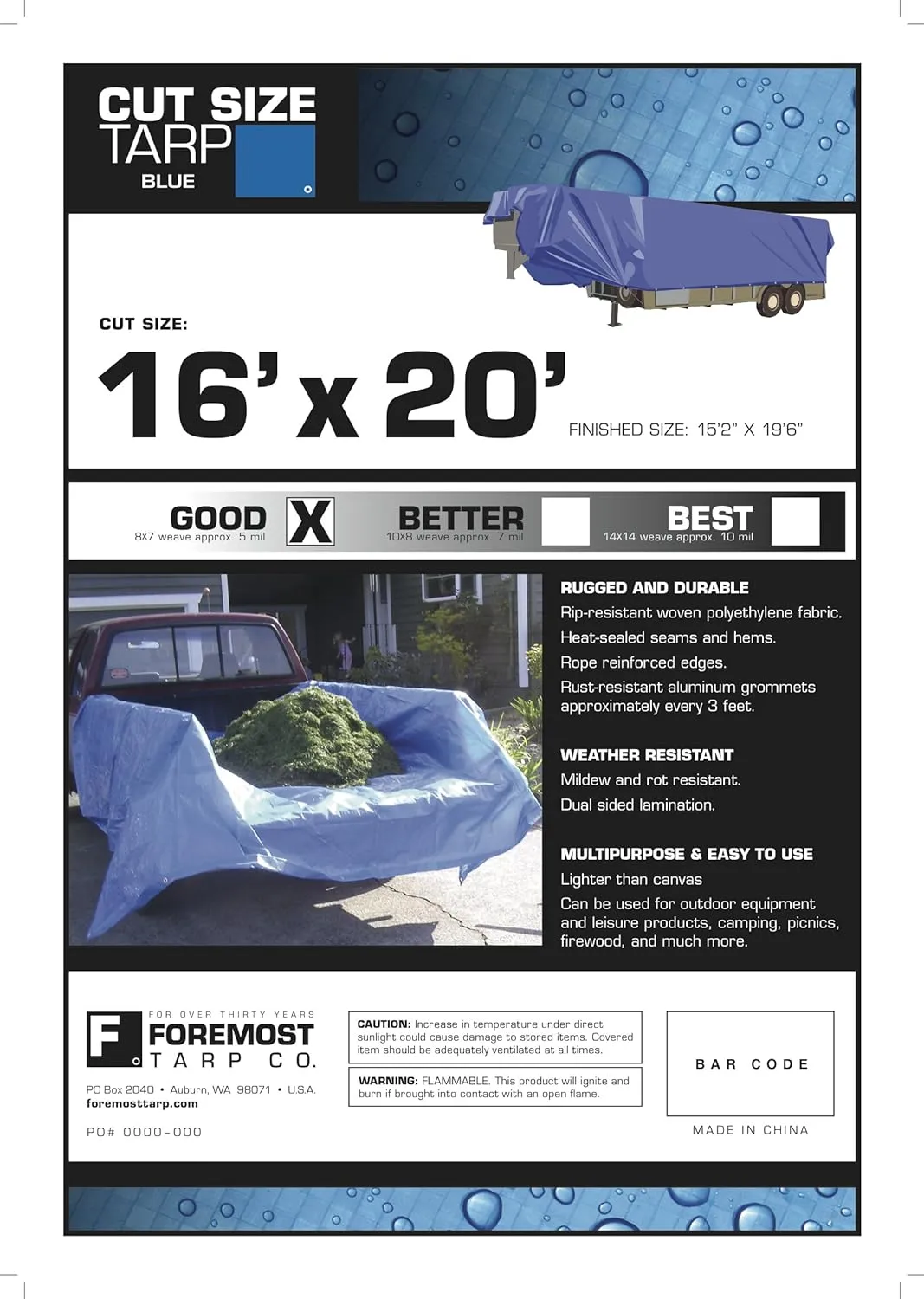 Dry Top Multi-Purpose Economy Poly Tarp, 16x20 Feet, Blue