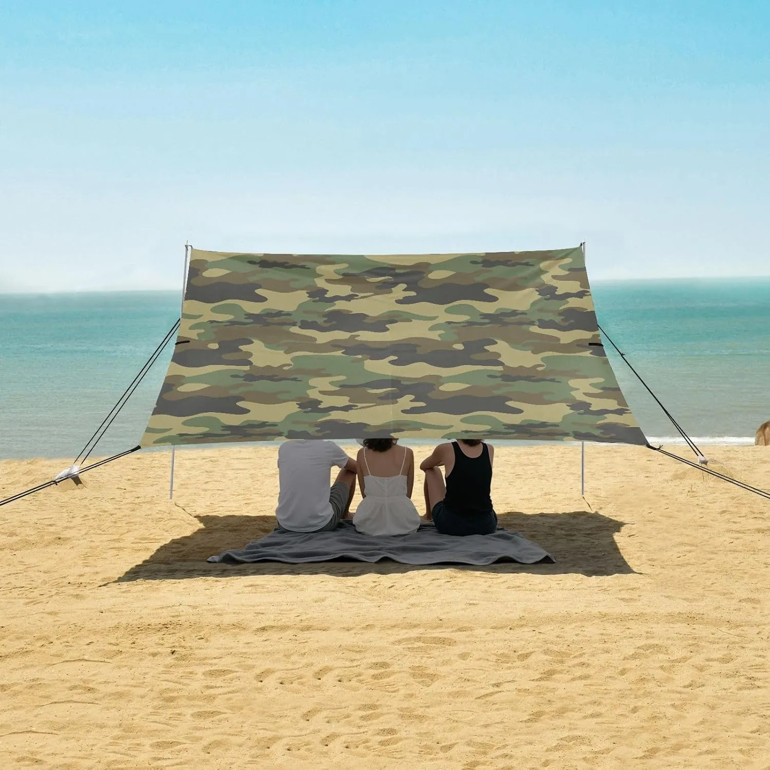 Duck Camouflage Pattern Beach Canopy Tent Anti-UV & Wind Resistant, Camping Sun Shelter Easy Setup Portable,Outdoor Shade Tents with Sandbags,Sand Shovels,Ground Pegs & Stability Poles