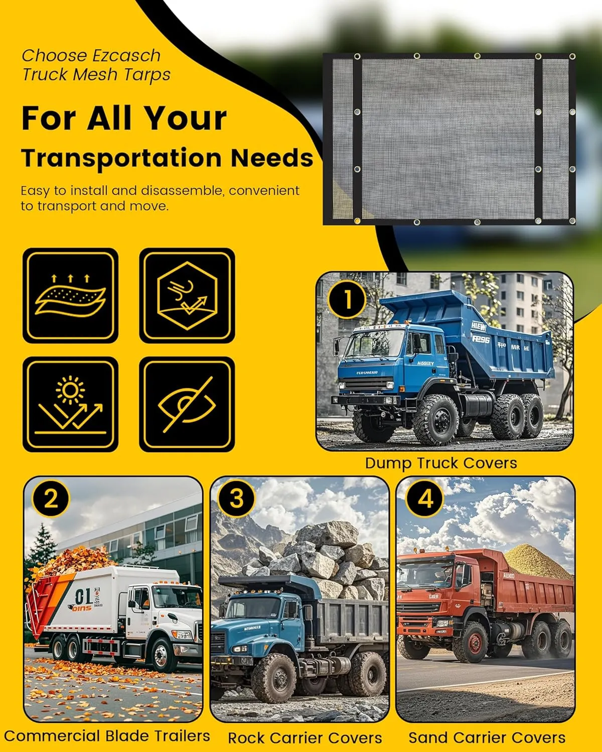 Dump Truck Mesh Tarp 6.6'x15' Vinyl Coated Dump Trailer Tarp 18oz Dump Truck Tarp Truck Bed Tarp Two Pockets with 3'' and 5'' Widths and Grommets Double-Stitched Edges for Truck Transport