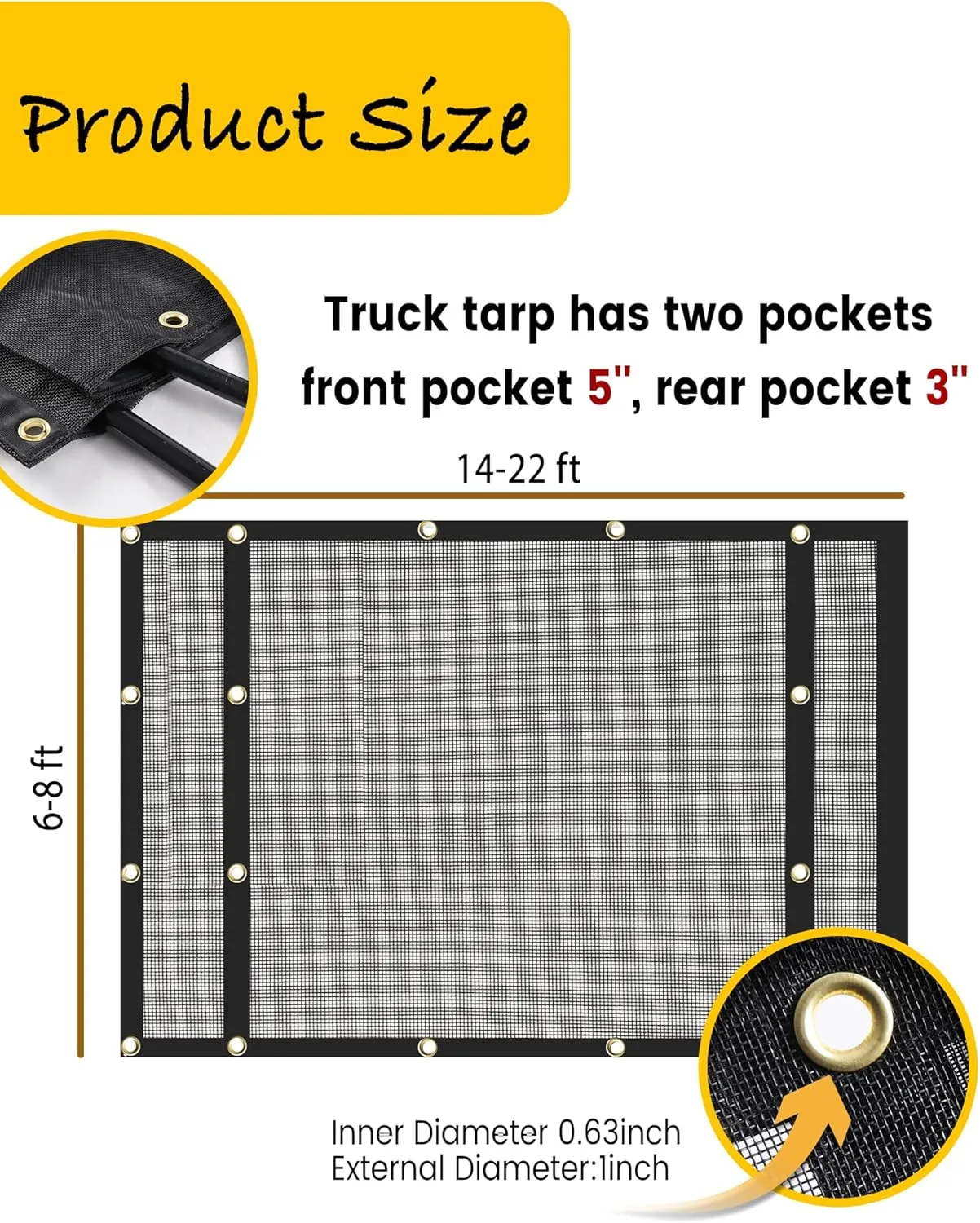 Dump Truck Mesh Tarp 6.6'x15' Vinyl Coated Dump Trailer Tarp 18oz Dump Truck Tarp Truck Bed Tarp Two Pockets with 3'' and 5'' Widths and Grommets Double-Stitched Edges for Truck Transport