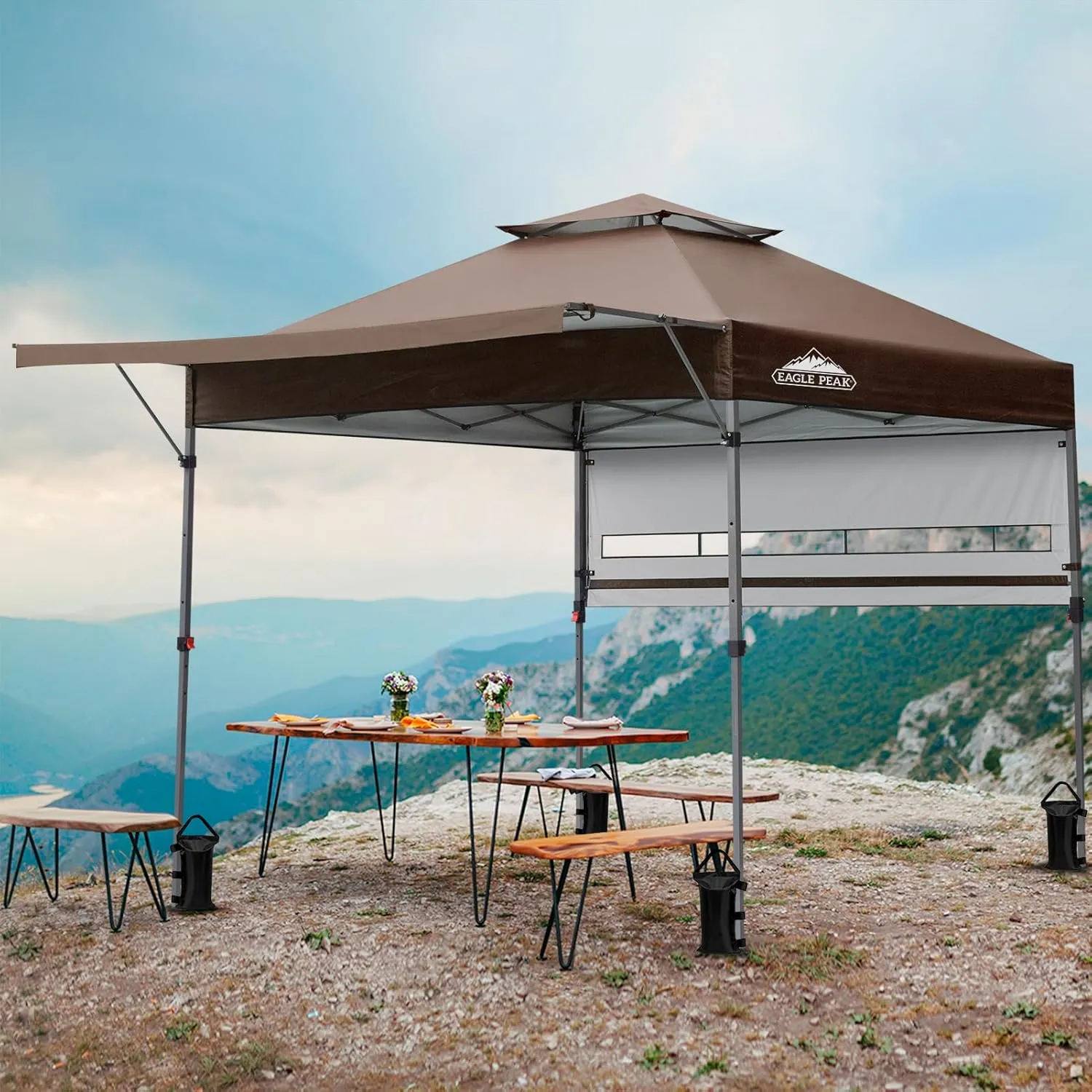 EAGLE PEAK 17x10 Pop up Gazebo Canopy Tent Outdoor Instant Canopy Shelter with Adjustable Dual Half Awnings (Brown)