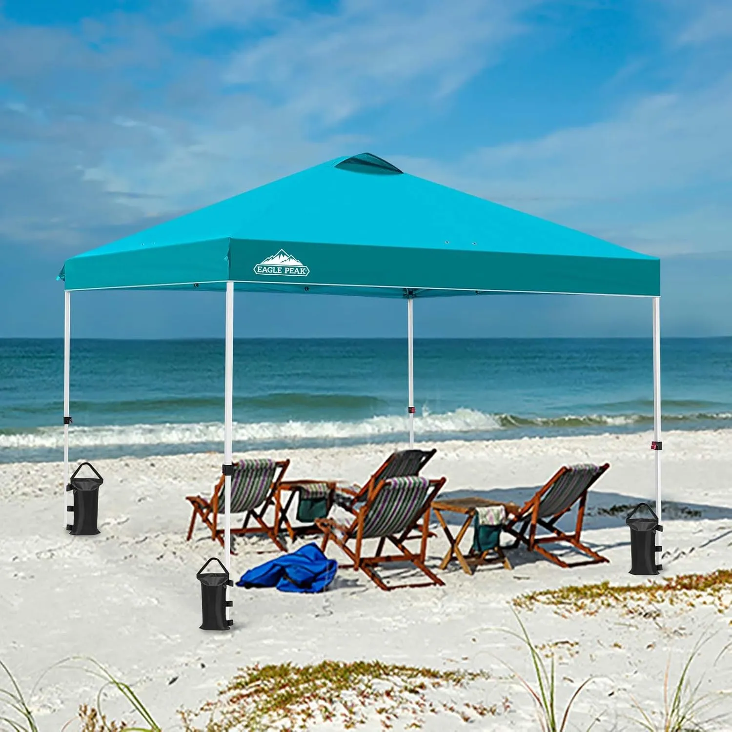 EAGLE PEAK Pop Up Canopy Tent with Wheeled Carry Bag, 8 Stakes, 4 Ropes, 4 Weight Bags, Easy Set Up Tent Canopy, 10x10 ft, 100sqft of Shade, Turquoise