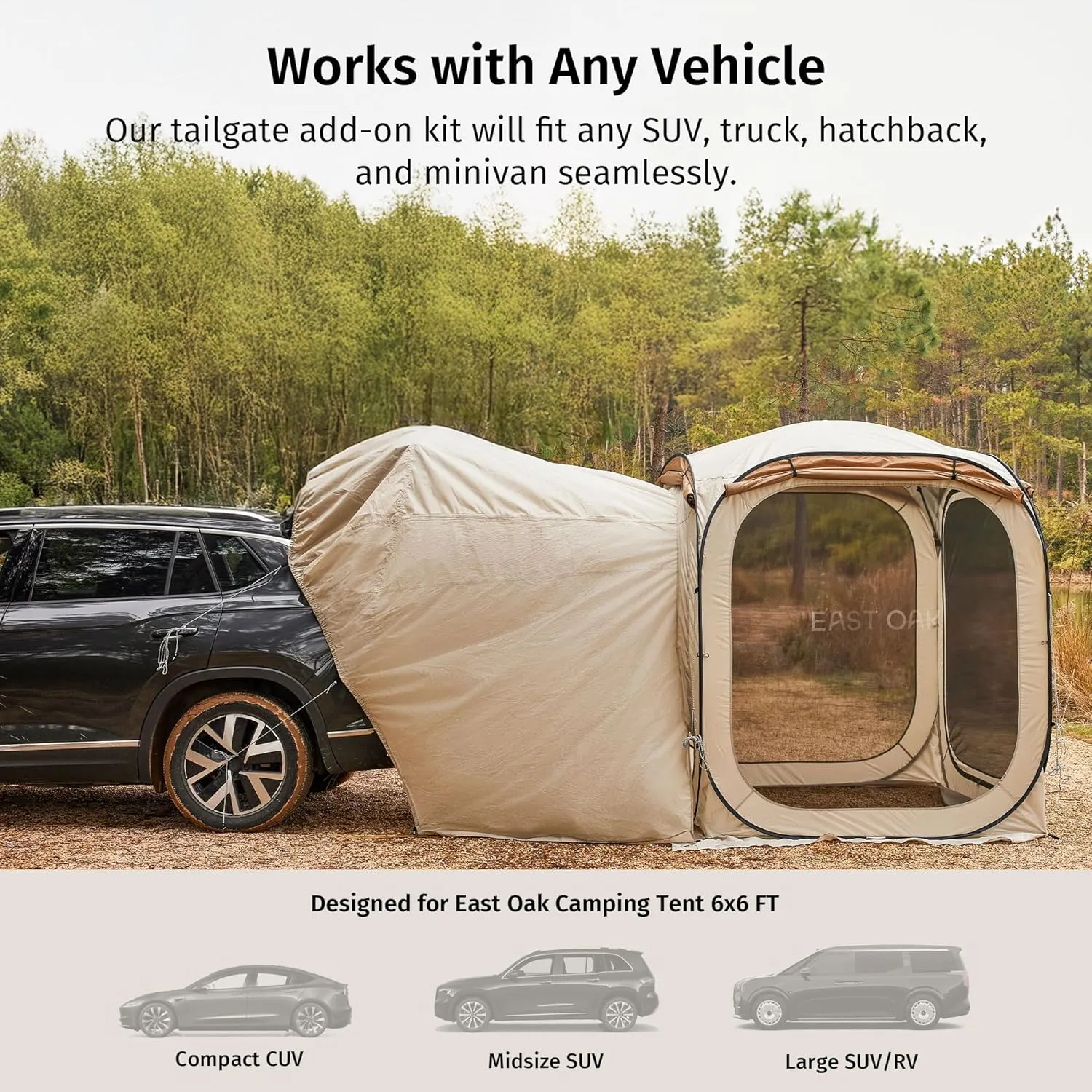 East Oak SUV Tailgate Tent Extension | Camping Shade for SUV, Truck & Hatchback | Windproof & Waterproof Canopy for Outdoor Adventures | Designed for 12x12 FT East Oak Camping Tent