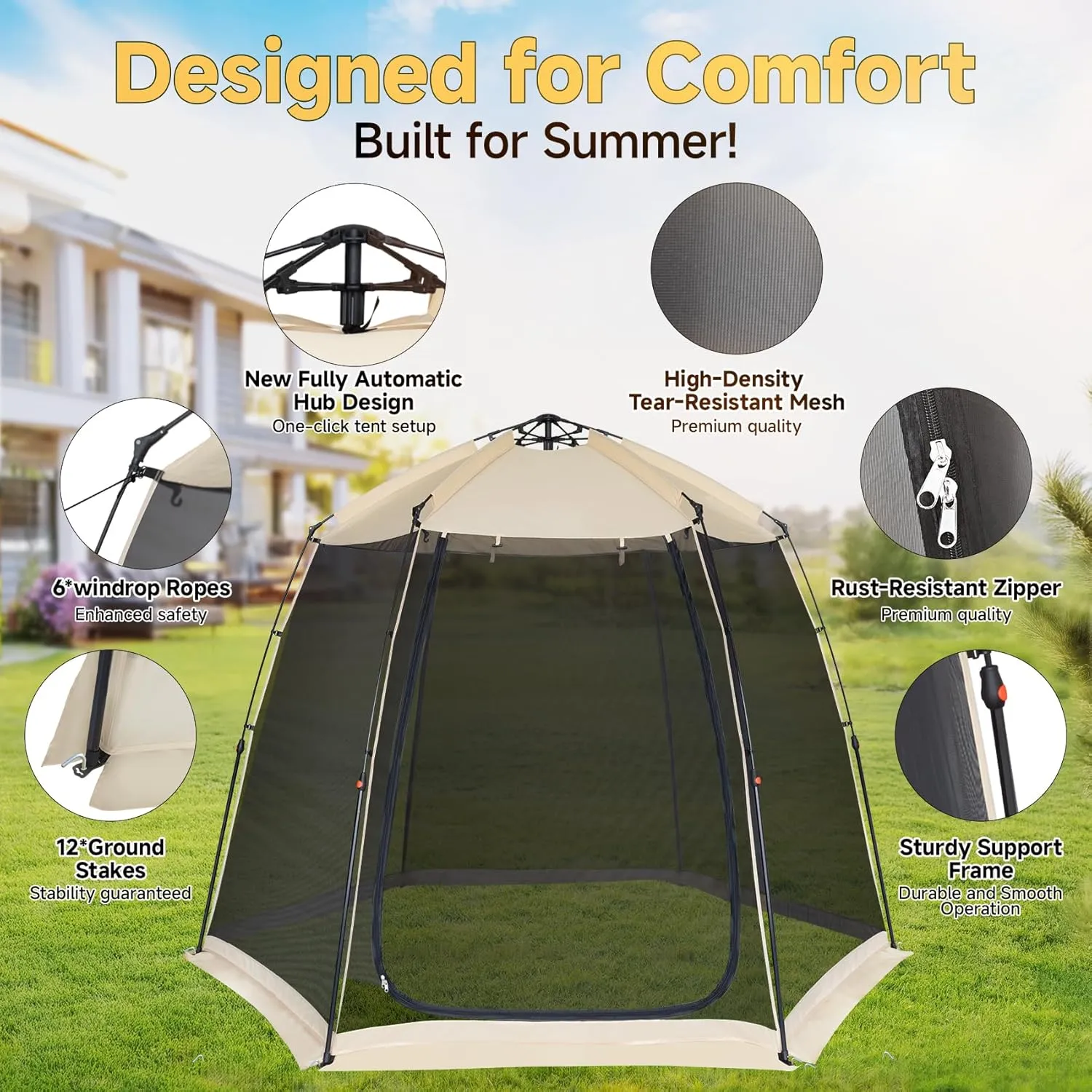 EighteenTek Screen House Gazebo, 2-4-6 Person Pop Up Screen Tent, Instant Screen Room with Carry Bag, Outdoor Mosquito Tent Pop-Up, Sun Shade Shelter for Patio, Garden, Backyard, Deck