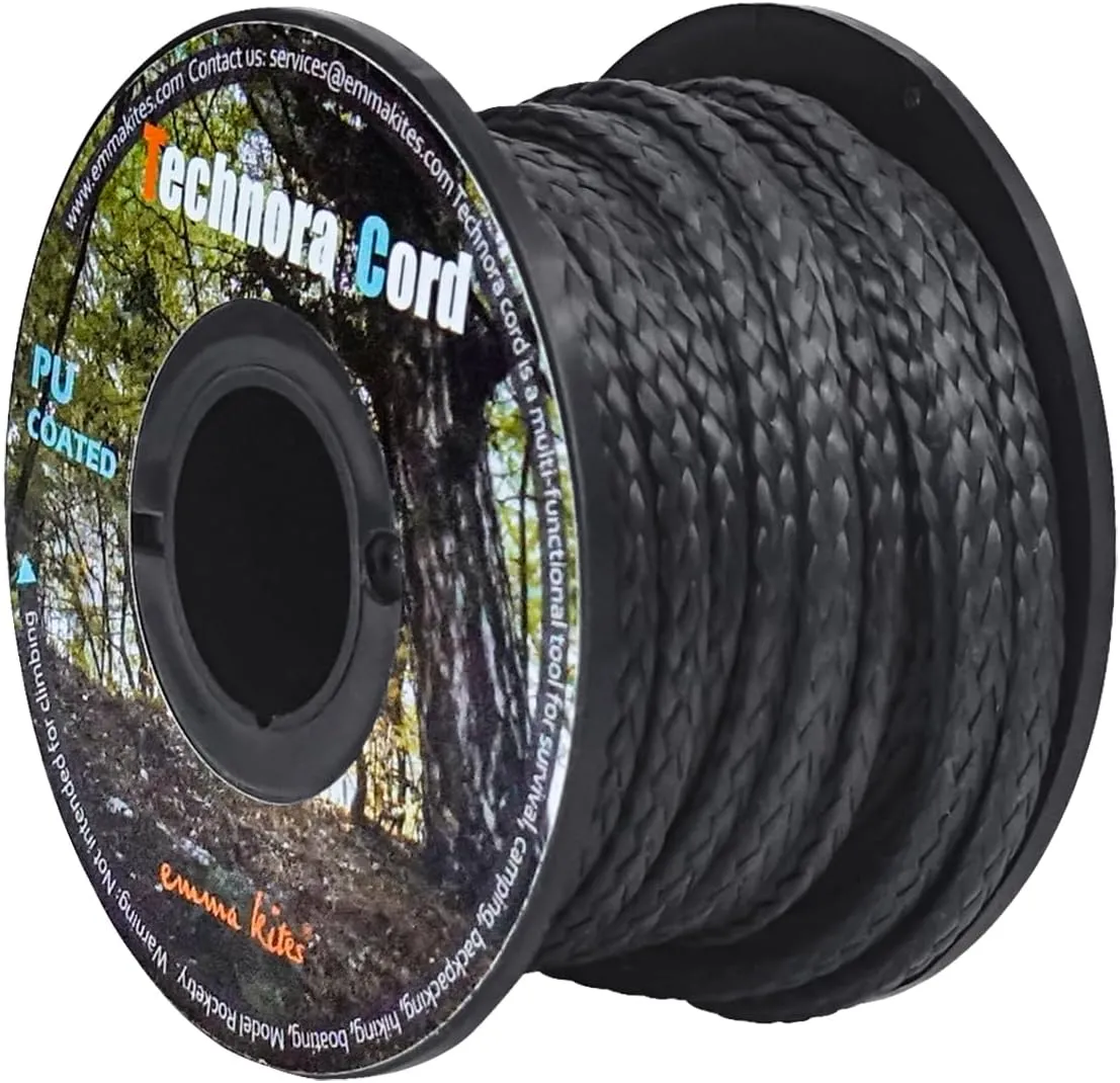 emma kites Black 2.5mm Technora Braided Cord PU Coating Abrasion Flame Resistant, Snare Line Tough Tactical Survival Cord Model Rocket Paracord Assist Cord 1200Lb 30Ft