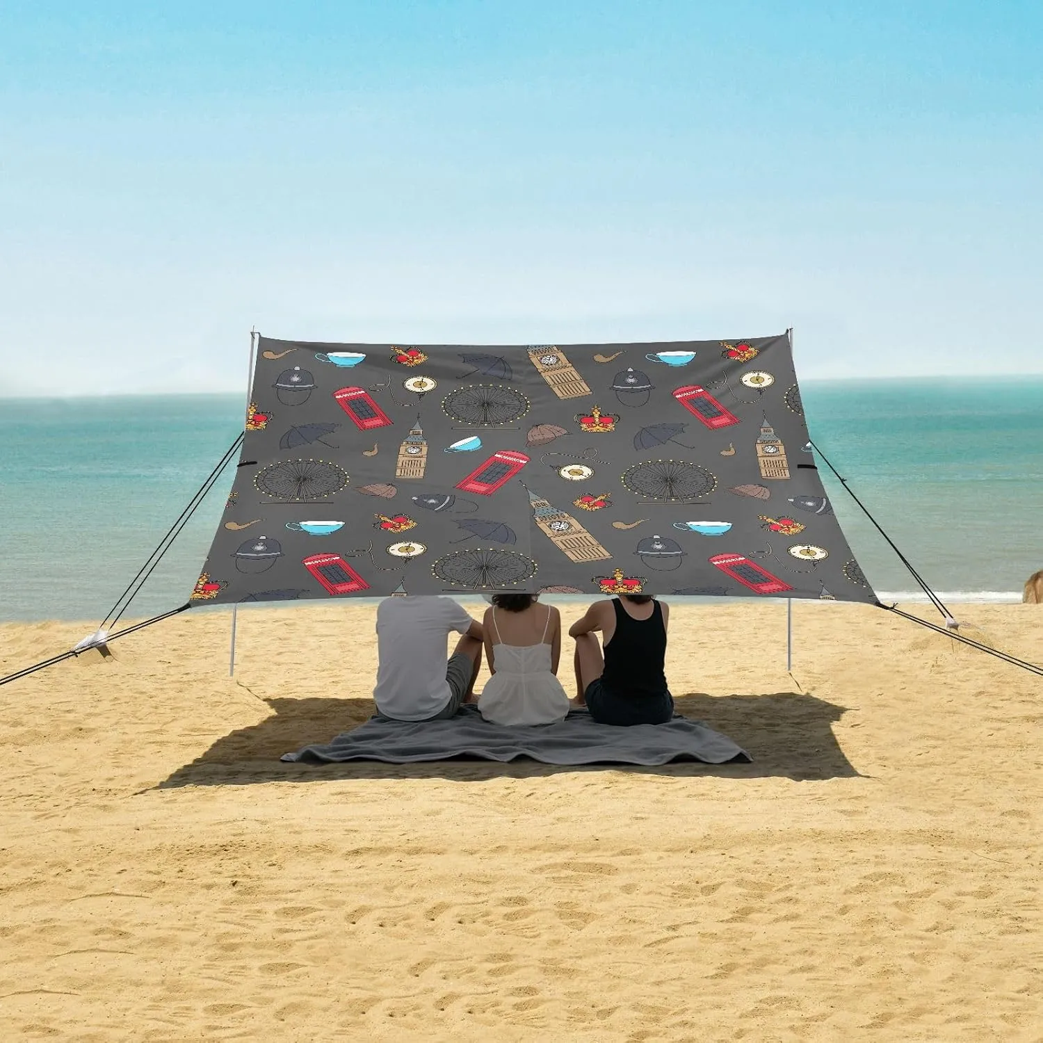 England Symbols Landmarks Beach Camping Tent Sun Shelter for Whole Family, Beach Shade Canopy with UPF50  UV Protection,Easy Set Up and Carry,Outdoor Shade for Trips, Fishing, Backyard Fun Picn