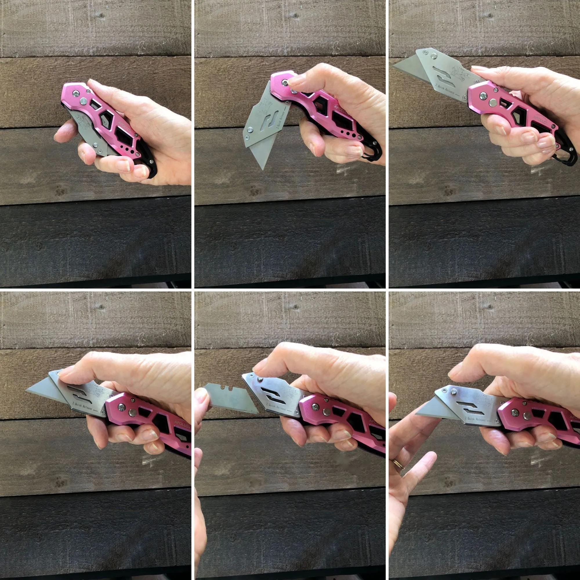 Ergonomic Stainless Steel, Lightweight, Foldable Pink Utility Knife with Carabiner Clip and Fast-Change Blade - DT5017P