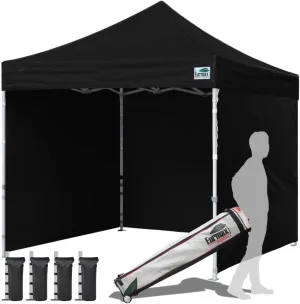 Eurmax USA 10'x10' Pop-up Canopy Tent Commercial Instant Canopies with 4 Removable Zipper End Side Walls and Roller Bag, Bonus 4 SandBags(Black)