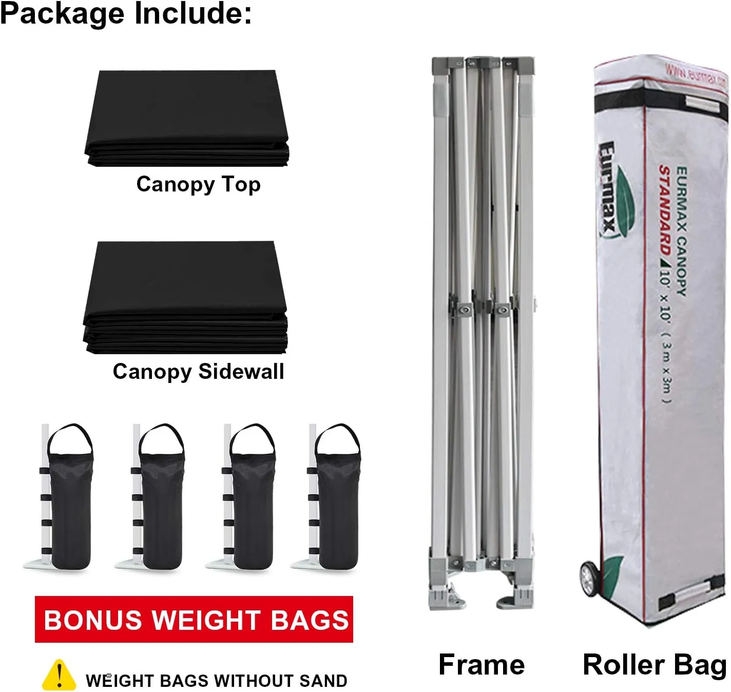 Eurmax USA 10'x10' Pop-up Canopy Tent Commercial Instant Canopies with 4 Removable Zipper End Side Walls and Roller Bag, Bonus 4 SandBags(Black)