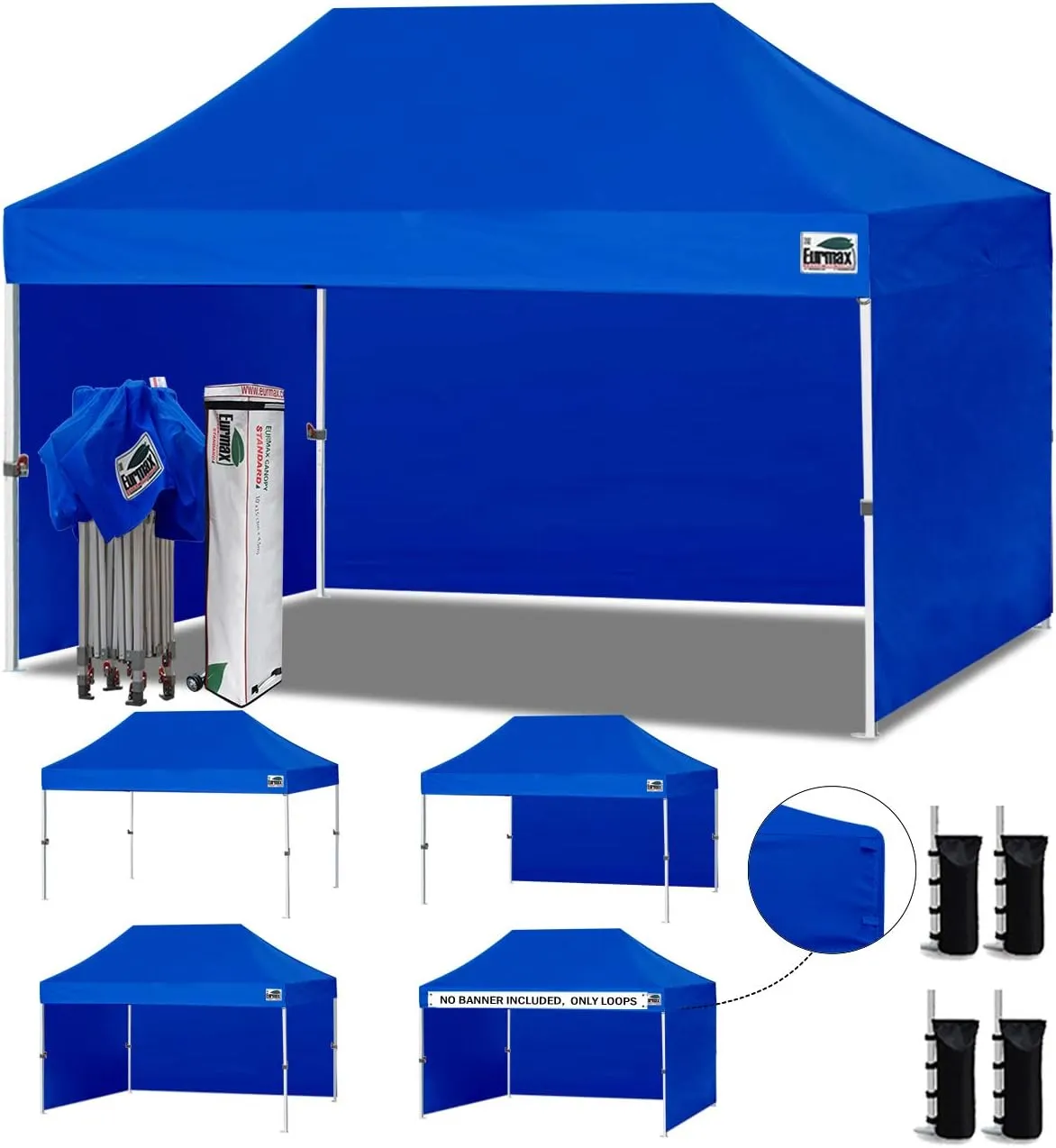 Eurmax USA 10'x15' Pop-up Canopy Tent Commercial Instant Canopies with 4 Removable Zipper End Side Walls and Roller Bag, Bonus 4 SandBags(Blue)