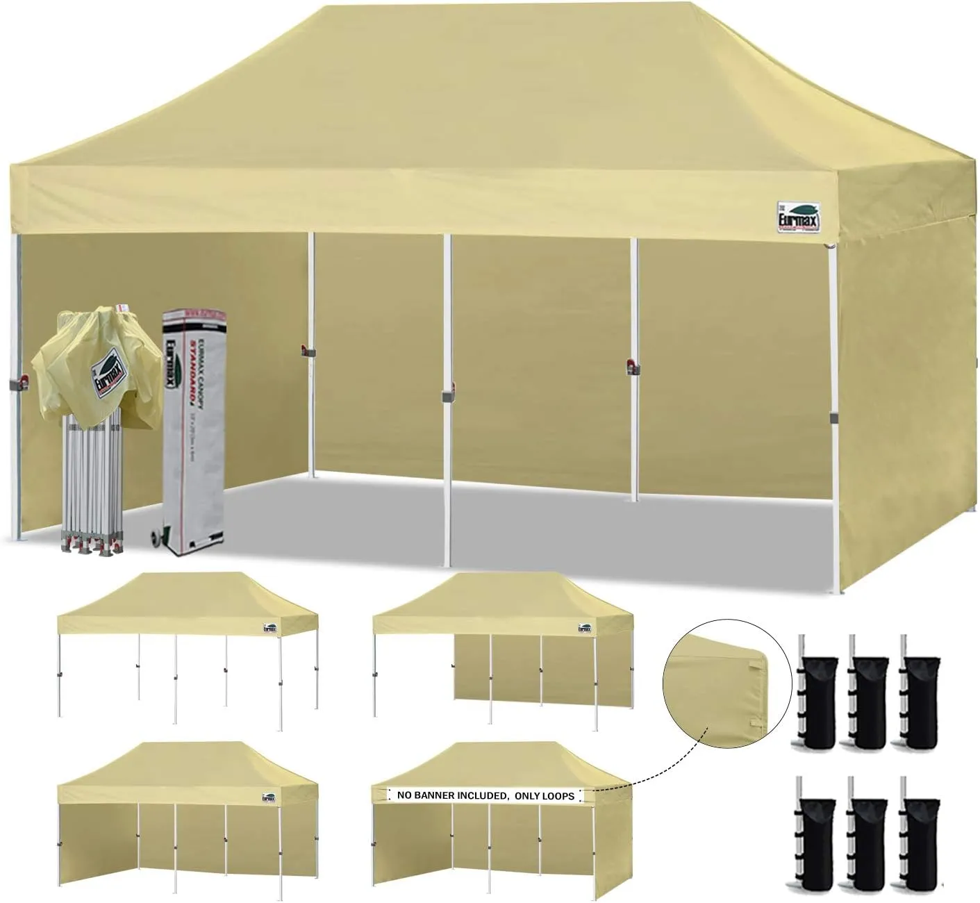 Eurmax USA 10'x20' Pop-up Canopy Tent Commercial Instant Canopies with 4 Removable Zipper End Side Walls and Roller Bag, Bonus 6 SandBags(Beige)