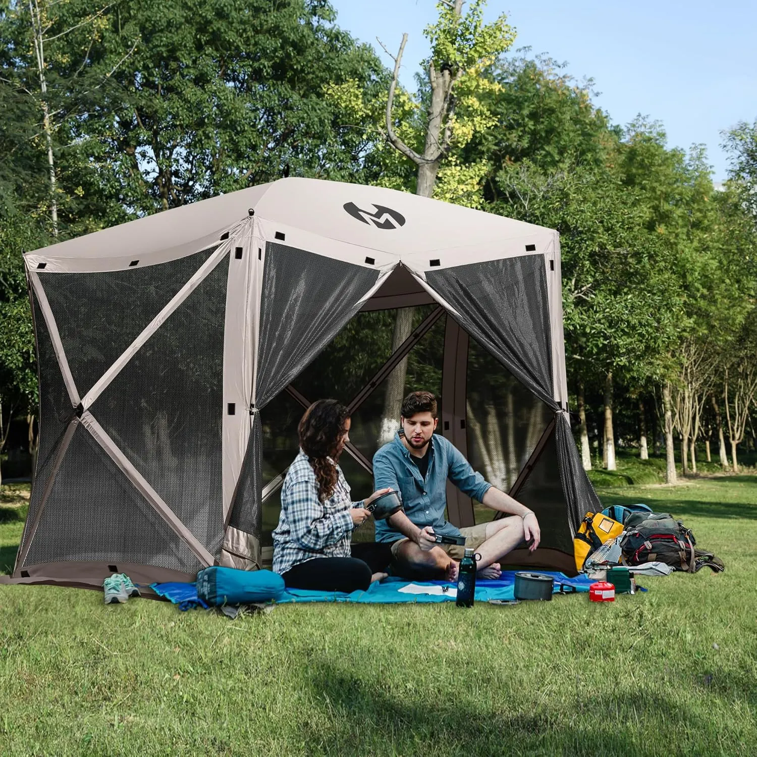 Exacme Portable Gazebo Pop up Tent for Camping, Outdoor Four Sides Pop-up Clam Screen Tent with Canopy Shelter, 1024 (5PC, Light Brown)