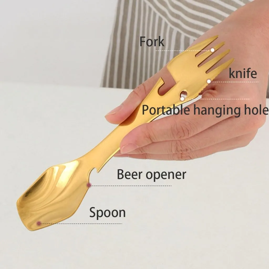 Exquisite Outdoor camping tableware stainless steel multifunctional knife fork and spoon flatware portable creative 5-in-1 cutlery Practical